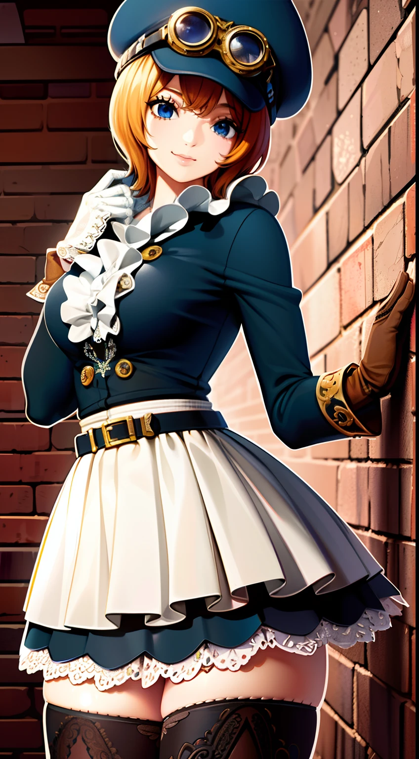 masterpiece, ((ultra detailed background, delicate pattern, intricate detail)), (highly detailed, fine details), best quality, beautiful lighting, (portrait), Koala, 1girl, solo, short hair, blue eyes, hat, goggles on headwear, smile, gloves, white shirt, orange hair, skirt, black thighhighs, zettai ryouiki, frills, belt, boots, ((slim girl, medium breasts)), complex detailed background, inside, room environment, gray castle walls, brick walls, old building interior, spaceful room,