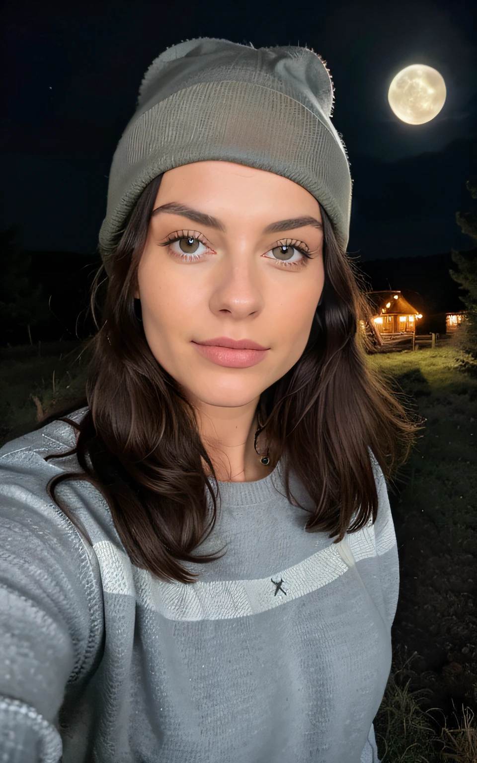 fotorealistisch, best quality, Hyper detailliert, gorgeous woman, Selfie-Foto, upper body, nur, Pullover tragen, al fresco, (Nacht), Gebirge, Natur im wirklichen Leben, Sterne, Mond, (heiter, happy), Schlafsack, Handschuhe, Pullover, Beanie, Taschenlampe, Wald, Felsen, Fluss, Holz, Rauch, Zahn, klarer Himmel, Analoger Stil, Blick auf den Betrachter, Hautstruktur, Filmkorn, close up, ultra-high resolution, Bester Schatten, .RAW, instagram LUT