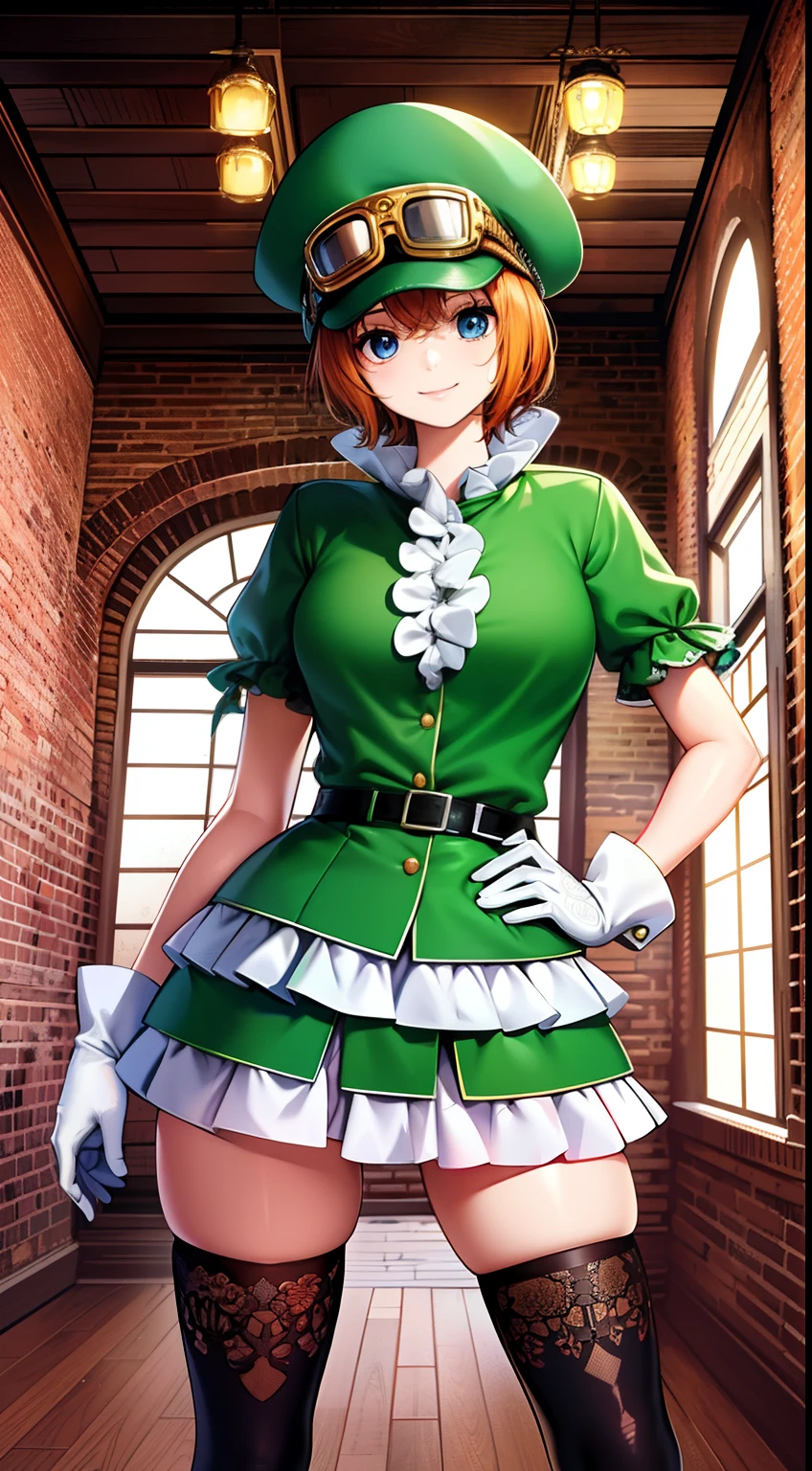 masterpiece, ((ultra detailed background, delicate pattern, intricate detail)), (highly detailed, fine details), best quality, beautiful lighting, (portrait), Koala, 1girl, solo, short hair, blue eyes, hat, goggles on headwear, smile, gloves, white shirt, orange hair, skirt, black thighhighs, zettai ryouiki, frills, belt, boots, ((slim girl, medium breasts)), complex detailed background, inside, room environment, gray castle walls, brick walls, old building interior, spaceful room,