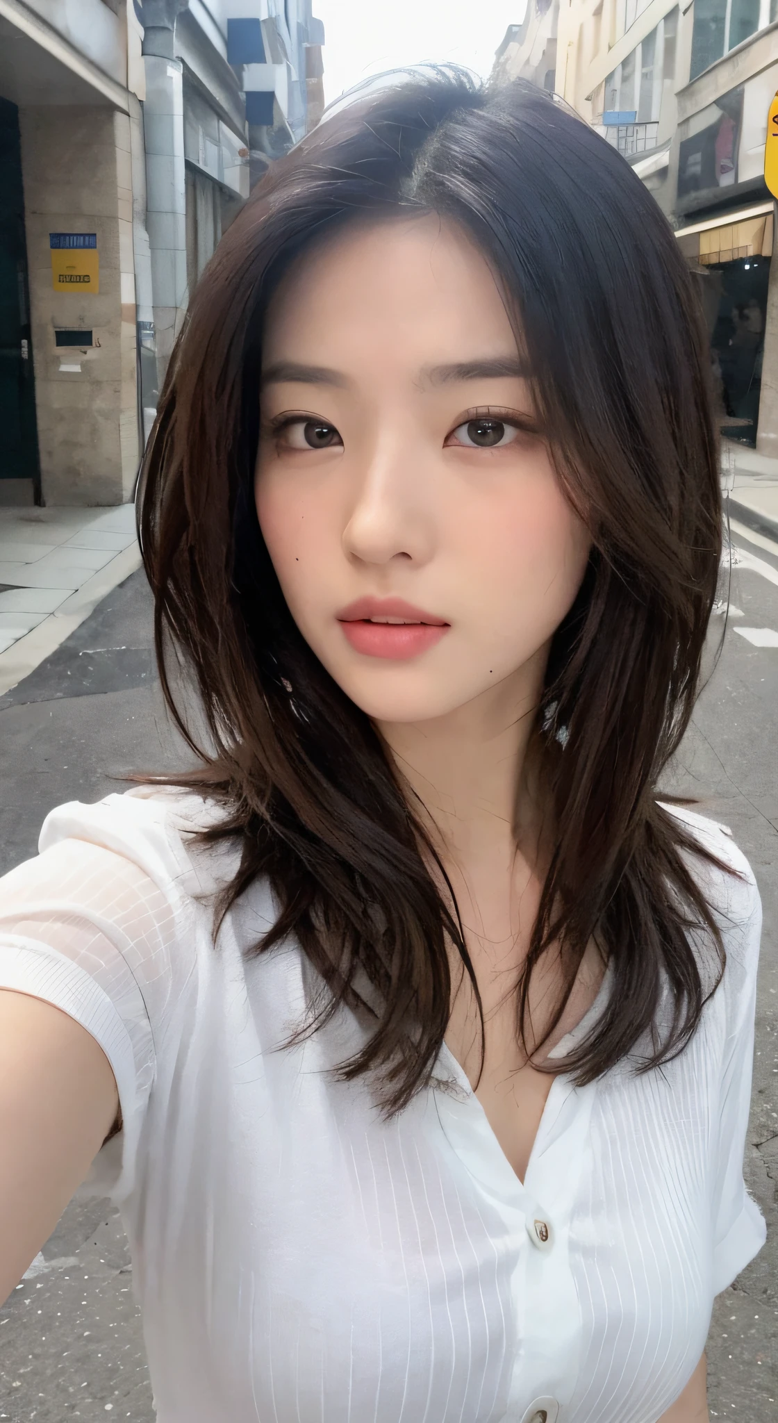 ((Best Quality, 8K, Masterpiece: 1.3)), Sharp: 1.2, Perfect Body Beauty: 1.4, Slim Abs: 1.2, ((Layered Hairstyle, :1.2)), (White Button Short Sleeve Shirt: 1.1), (Street: 1.2), Wet: 1.5, Highly detailed face and skin texture, Fine eyes, double eyelids, looking at the camera