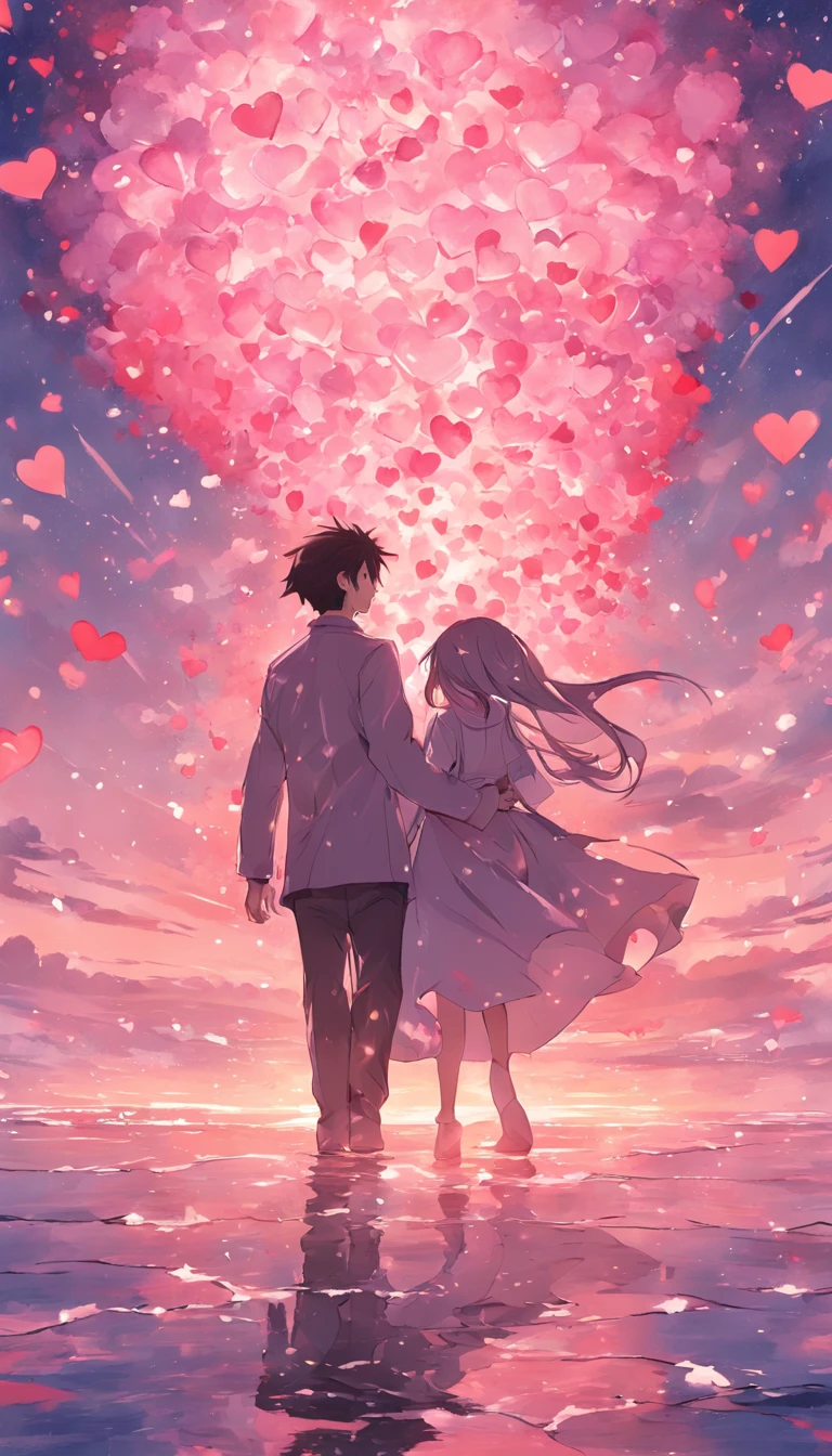 In a romantic atmosphere,couple cuddling,Walk in the Sea of Roses,Under the blue sky and white clouds,Feel the romantic theme of Valentine's Day。