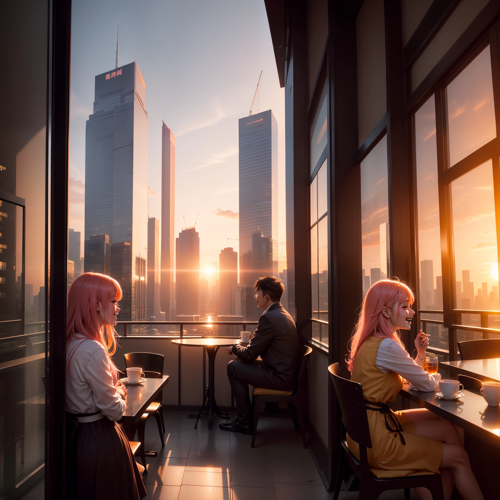 at the sunset, 城市, Skyscrapers, a person々Flow of, Building windows, Warm light, Walkway, a person々, cafe terrace, Friends, Laughing, Skysky, an orange, pink there, tints, Urban hustle and bustle, Beautiful sunset, harmony