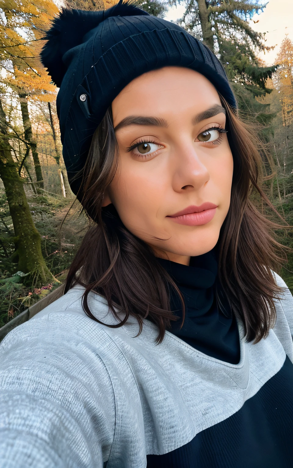 fotorealistisch, best quality, Hyper detailliert, gorgeous woman, Selfie-Foto, upper body, nur, Pullover tragen, al fresco, (Nacht), Gebirge, Natur im wirklichen Leben, Sterne, Mond, (heiter, happy), Schlafsack, Handschuhe, Pullover, Beanie, Taschenlampe, Wald, Felsen, Fluss, Holz, Rauch, Zahn, klarer Himmel, Analoger Stil, Blick auf den Betrachter, Hautstruktur, Filmkorn, close up, ultra-high resolution, Bester Schatten, .RAW, instagram LUT