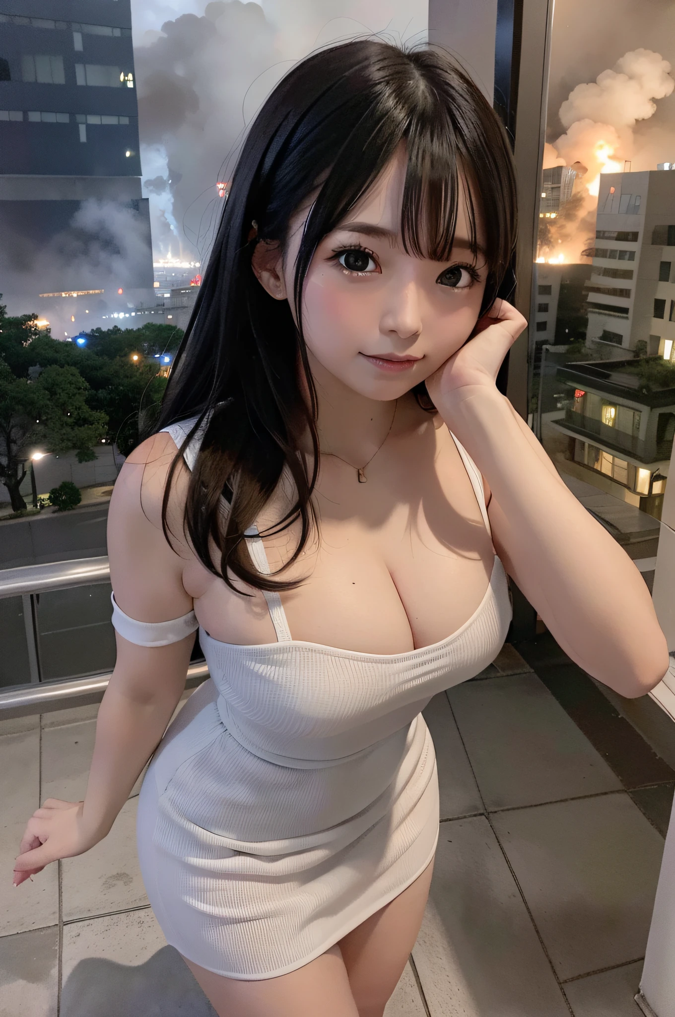 Giantess usando vestido curto, GTS cidade do ano 3000, City buildings, smoke billowing, nuvem, tornado, raios, Evil, realistic lighting, salto em altura, de baixo, aves voando,