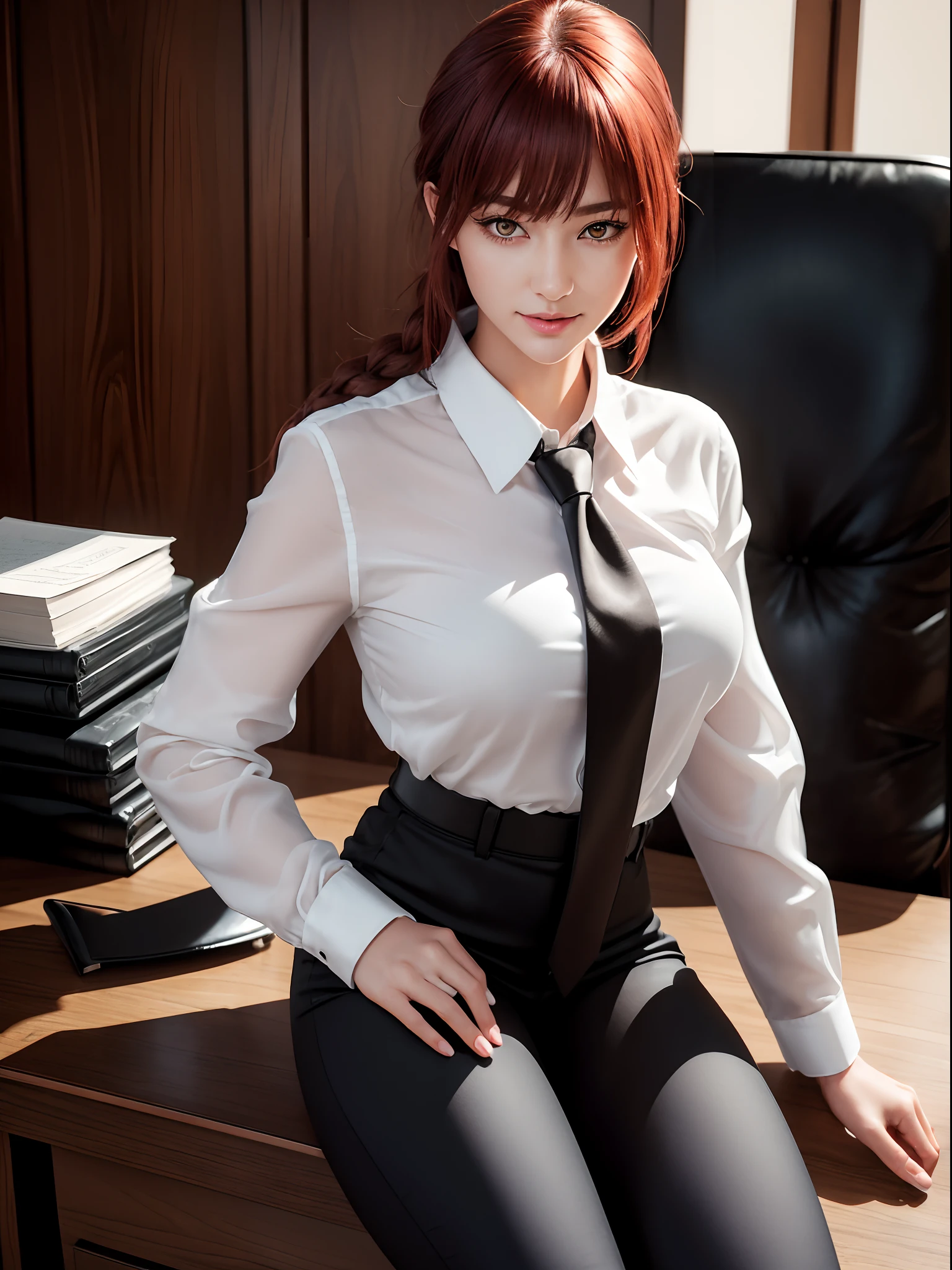 (masterpiece, best quality:1.4), (full body:1.5), (supported on a desk:1.5), makima \(chainsaw man\), 1girl, bangs, indoors, black necktie, black pants, braid, braided ponytail, collared shirt, highres, long hair, long sleeves, necktie, red hair, ringed eyes, shirt, sidelocks, solo, uniform, white shirt, yellow eyes, medium breasts, beautifull smile, beautiful face, highly detailed face, highly detailed eyes, highly detailed skin, skin pores, subsurface scattering, realistic pupils, full face blush, full lips, depth of field, volumetric lighting, sharp focus, absurdres, realistic proportions, good anatomy, (realistic, hyperrealistic:1.4), 16k hdr