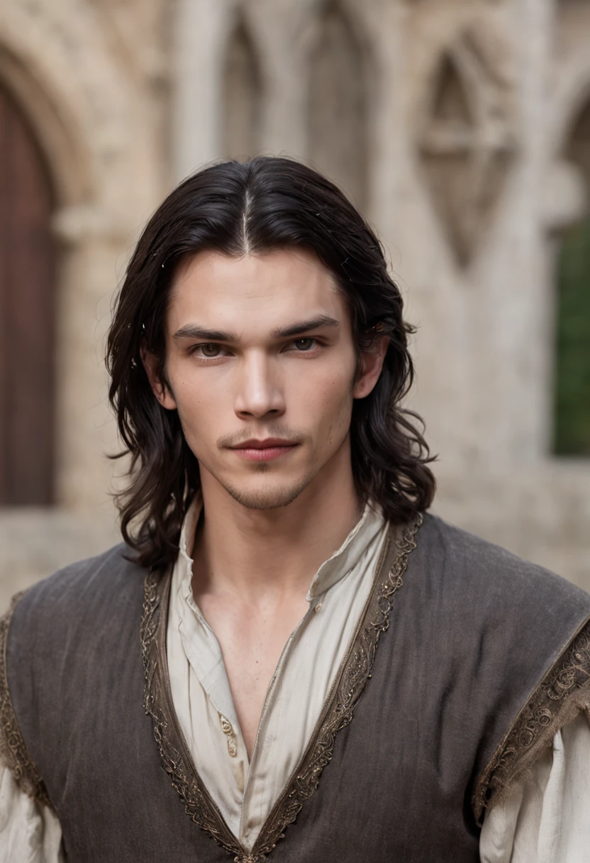 Portrait Photography, face shot of a mix between Austin Butler and Ian Somerhalder as a charming 25 years old medieval fantasy male, pale skin, very long wavy shabby black hair parted in the middle, incredible grey eyes, long arched eyebrows, full beard, fantasy clothes, intense look, fascinating, slim and athletic, young, in a big medieval city, The colors are masterfully captured by Nikon D850 and a Nikon AF-S NIKKOR 70-200mm f/2.8E FL ED VR lens, Peter Jackson, fantasy, historical