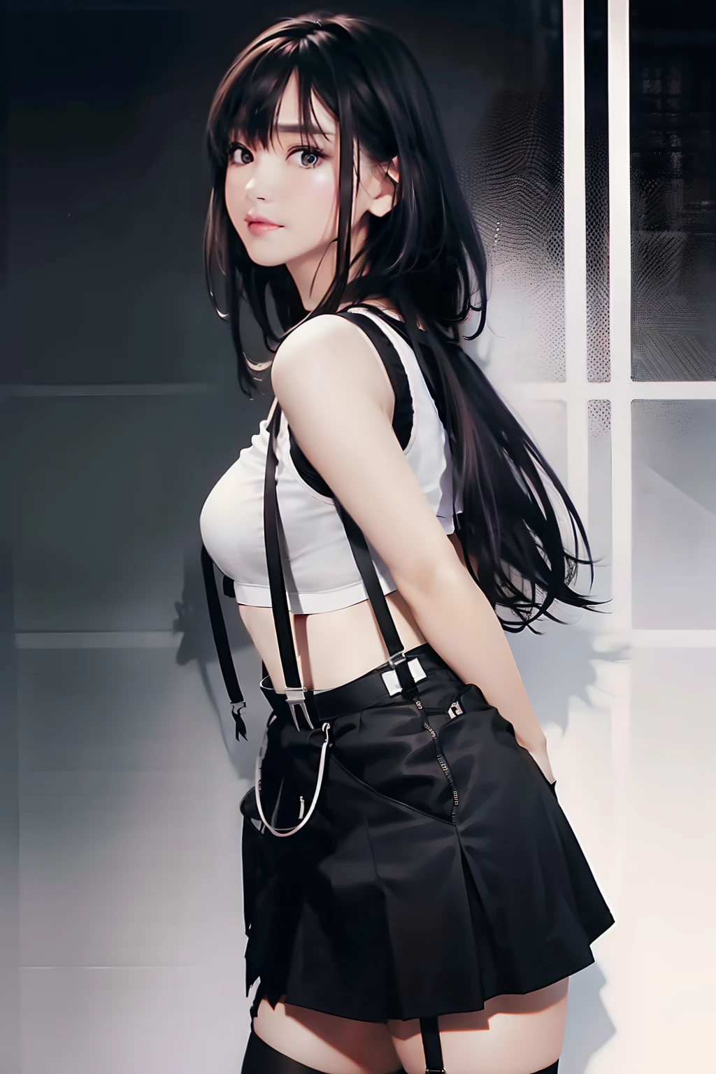 a black skirt, , Tank tops suspenders, Long Black Hair, Gray eyes, holster, Garter belt on the legs, , Big breasts, Pichi Pichi clothes, both sides Behind
