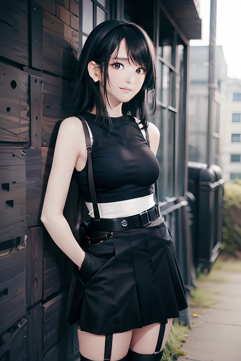 a black skirt, , Tank tops　suspenders, Long Black Hair, Gray eyes, holster, Garter belt on the legs, , Moderate breasts and tight clothes, both sides　　Behind　no-bra
