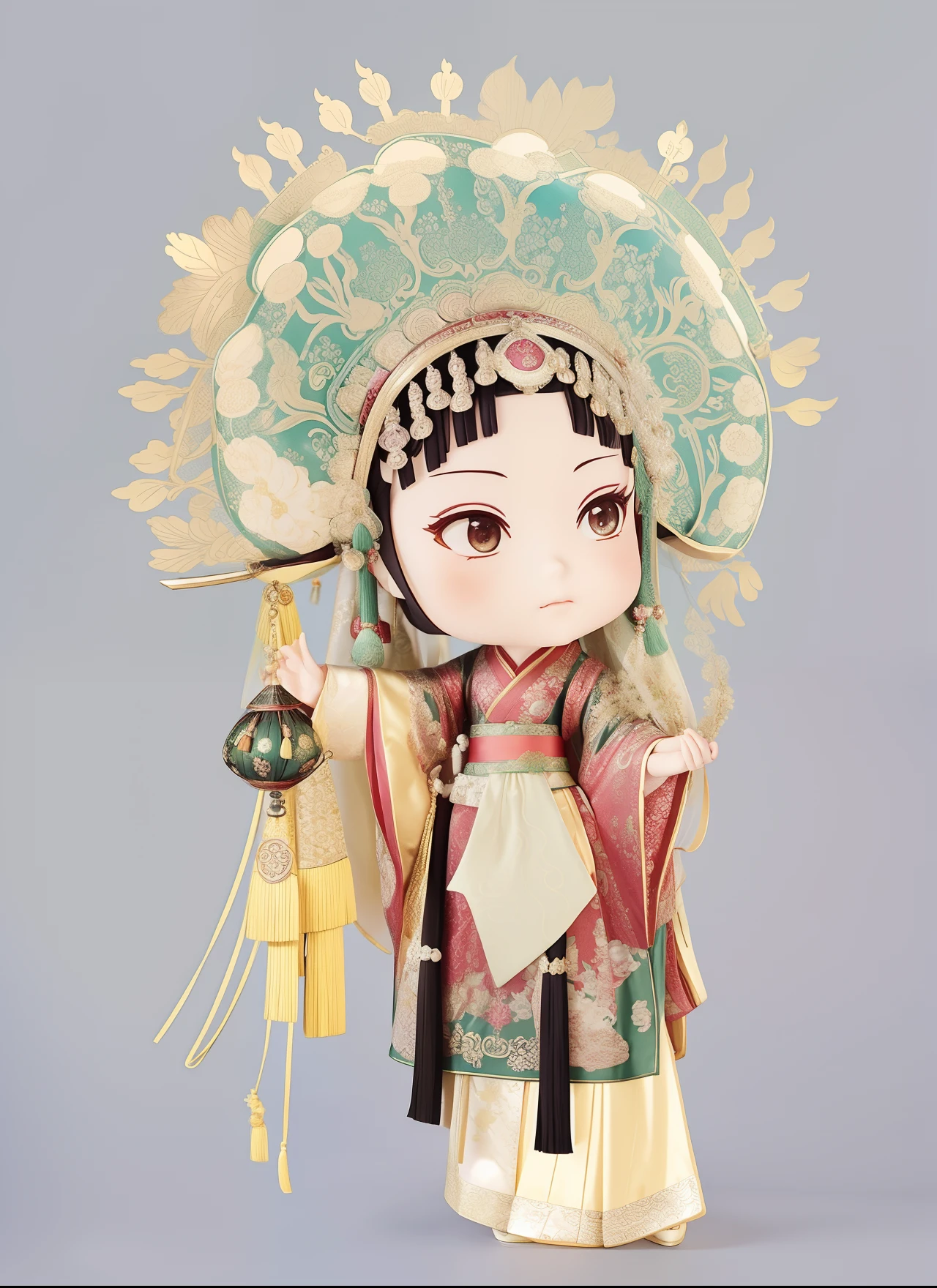 a drawing of a chibi woman in a green dress, palace ， a girl in hanfu, chinese costume, queen of the sea mu yanling, hanfu, chinese dress, chinese empress, peking opera, traditional chinese clothing, full body wuxia, gongbi, wearing a noblewoman's outfit, as an elegant noblewoman, with acient chinese clothes