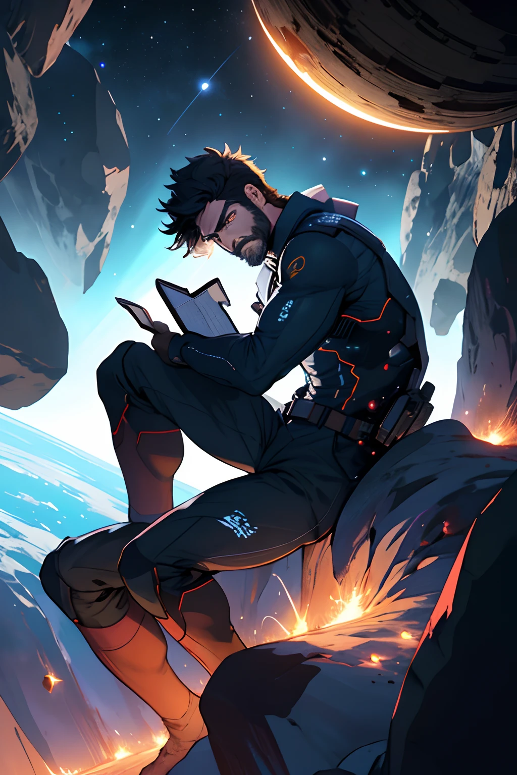 Draw a young programmer, sitting on a research platform floating in the middle of an asteroid belt. He is studying with a notebook, surrounded by several asteroids glowing with fiery auras. Dramatic lighting from distant stars and planets illuminates the scene, casting deep shadows on the suit. The young man looks confident and determined, looking at the vast and mysterious universe with wonder and respect,facial hair, cowboy shot,