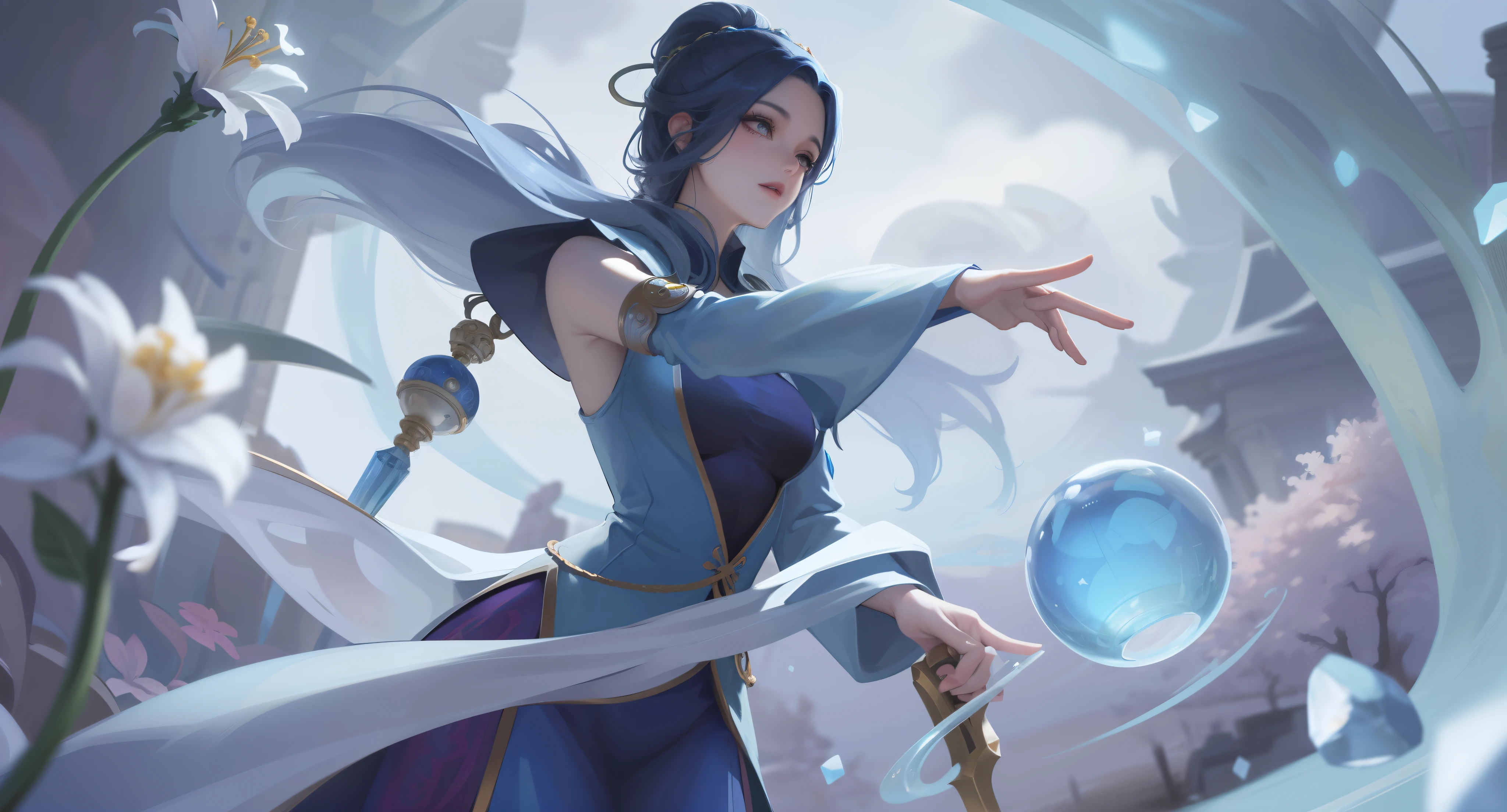 a woman in a blue dress holding a crystal ball in her hand, Irelia, Artgerm Plano, Maya Ali como um Mago do Vento, Yang Qi, yun ling, Li Zixin, Ruan Jia e Artgerm, Artgerm e Ruan Jia, inspirado em Ju Lian, a sorceress casting a ice ball, ultra detalhista, 8K FULL HD