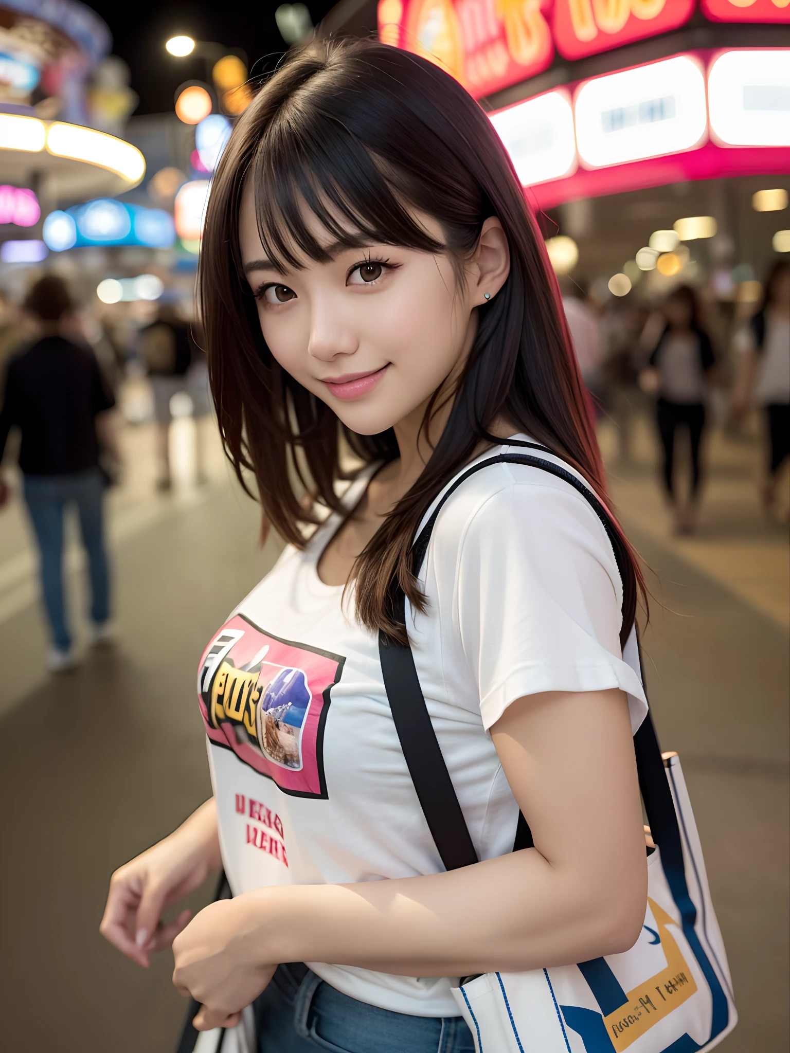 product quality, a cowboy shot, front view, 1girl, a Japanese young pretty woman, wearing a marriage ring, long bob hair, hyper pretty face, glamorous, wearing a short sleeves T-shirt of long length with an illustration printed, wearing denim pants, carrying a big tote bag over her shoulder, getting on a Ferris wheels with a big smile in an amusement park in the night, glossy lips, double eyelids for both eyes, natural makeup, long eyelashes, shiny smooth light brown hair of long bob hair, asymmetrical bangs, tanned skin, central image, high resolution, high detail, detailed hairstyle, detailed face, spectacular movie lighting, octane rendering, hyper realistic, perfect limbs, perfect anatomy