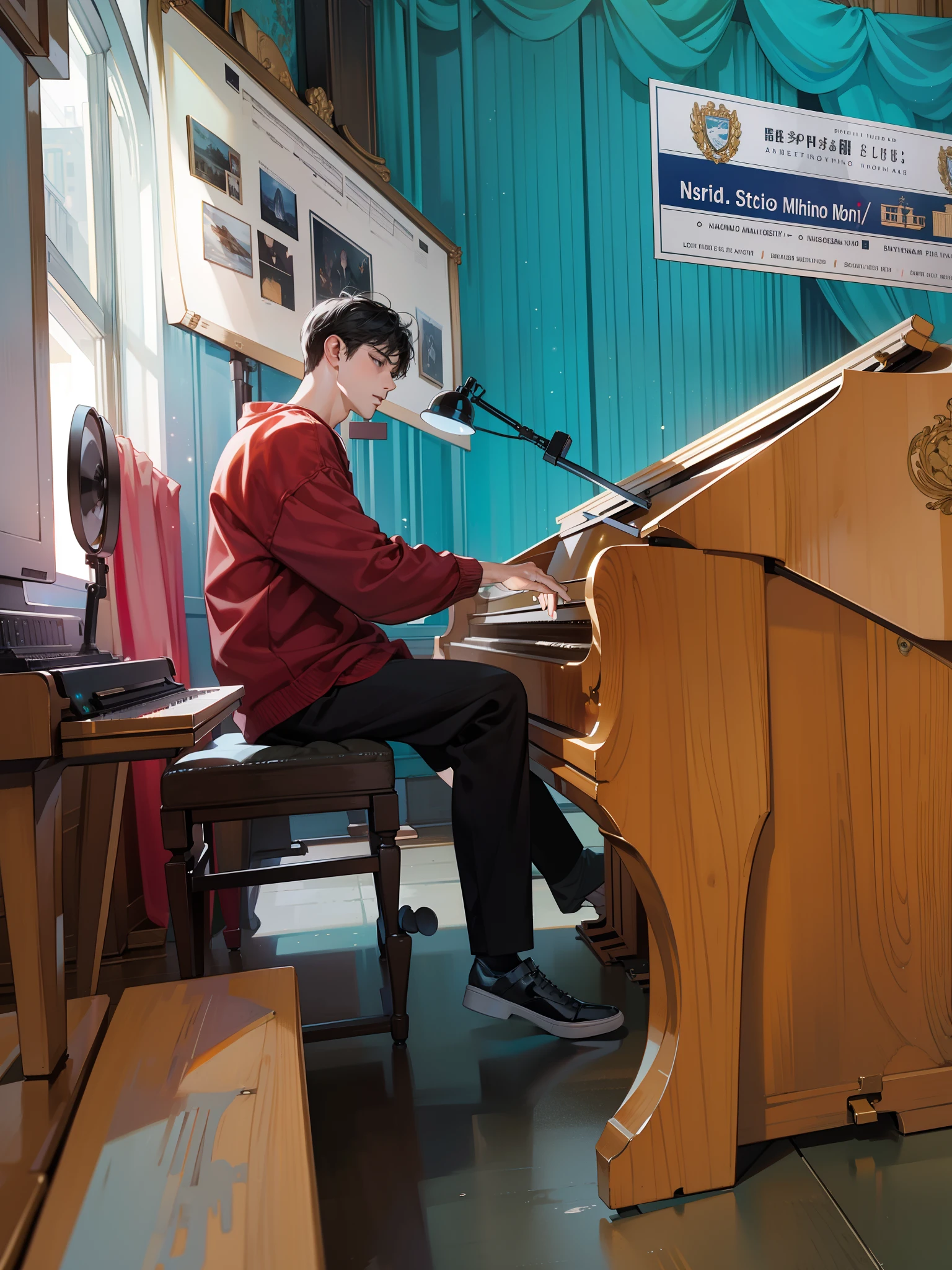 Masterpiece, high quality, best quality, HD, realistic, perfect lighting, detailed body, 1 man, short black hair, white t-shirt, serious expression, sitting in front of the piano, playing the piano, wearing headphones, facing the computer monitor, in the room
