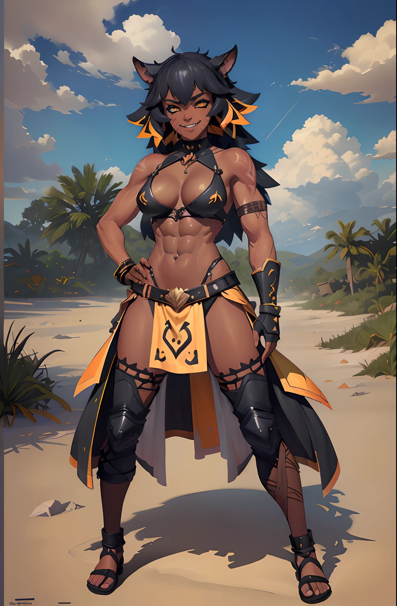 (Masterpiece, best quality:1.2), (highres, ultra-detailed), (absurdres, perfect anatomy), 1girl, solo, , anihh, slit pupils, dark-skinned female, black hair, orange colored inner hair, scar, fangs, hands on hips, outdoors, fingerless gloves, muscular, (covered (navel:0.5)) , full body flipflops,(icone de um jogo), (icone de peitoral : 1.5), um peitoral , peitoral marrom, chest plate, peitoral pesada marrom, peitoral grosso, peitoral de Armadura intrincada, peitoral de armadura de fantasia pesada, peitoral detalhado, armadura ornamentada, peitoral de Armadura Paladina, peitoral dearmadura de batalha, intrincada peitoral, smile, full body, tribal clothing