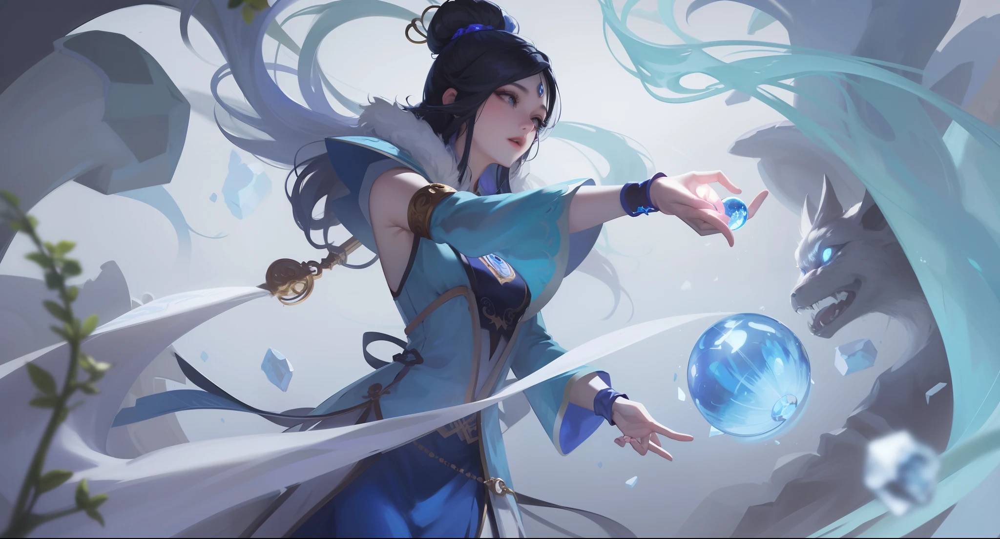 a woman in a blue dress holding a crystal ball in her hand, Irelia, Artgerm Plano, Maya Ali como um Mago do Vento, Yang Qi, yun ling, Li Zixin, Ruan Jia e Artgerm, Artgerm e Ruan Jia, inspirado em Ju Lian, a sorceress casting a ice ball, ultra detalhista, 8K FULL HD