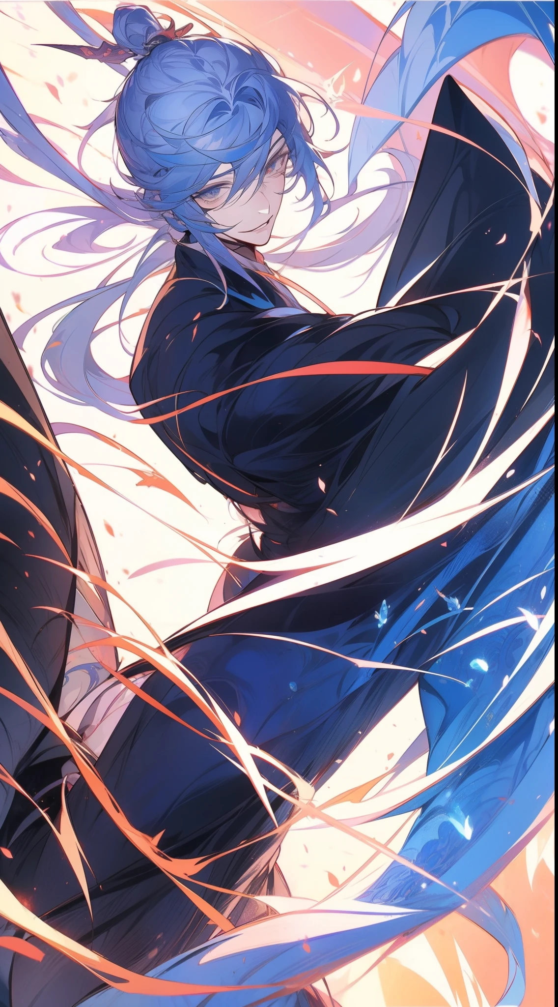 Close-up of a man，with a determined look in his eyes，Handsome figure painting，It has a masculine taste，Man Guwitz，Guviz-style artwork，White-haired god，Yang J，Guvitz at the Pixiv Art Station。Anime characters armed with swords and blue light, Keqing from Genshin Impact, Detailed key anime art, handsome guy in demon killer art, Genshin impact's character, Detailed digital anime art, Genshin, Key anime art, detailed anime character art, Badass anime 8 K, nagito komaeda, Anime epic artwork, Anime fantasy illustration