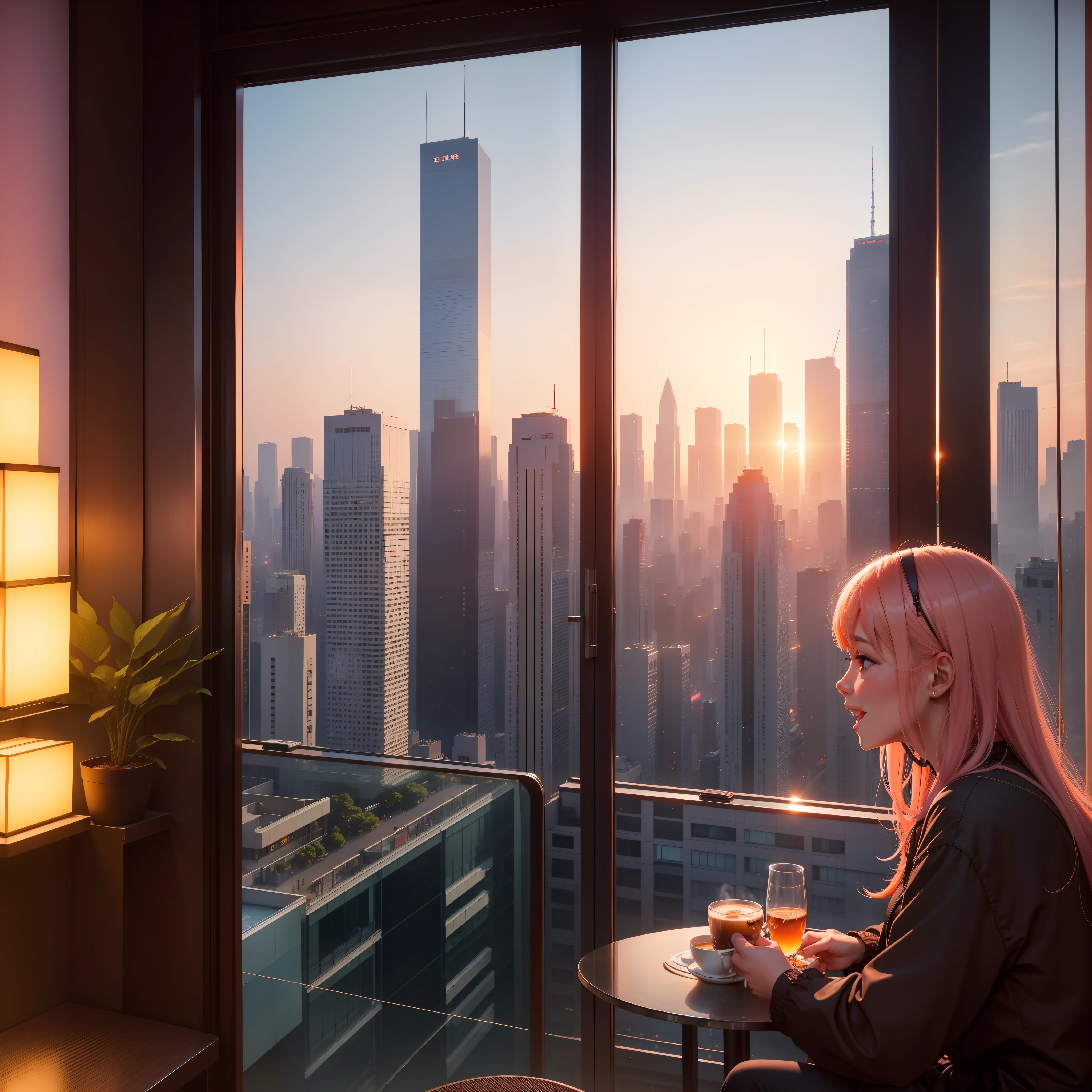 at the sunset, 城市, Skyscrapers, a person々Flow of, Building windows, Warm light, Walkway, a person々, cafe terrace, Friends, Laughing, Skysky, an orange, pink there, tints, Urban hustle and bustle, Beautiful sunset, harmony