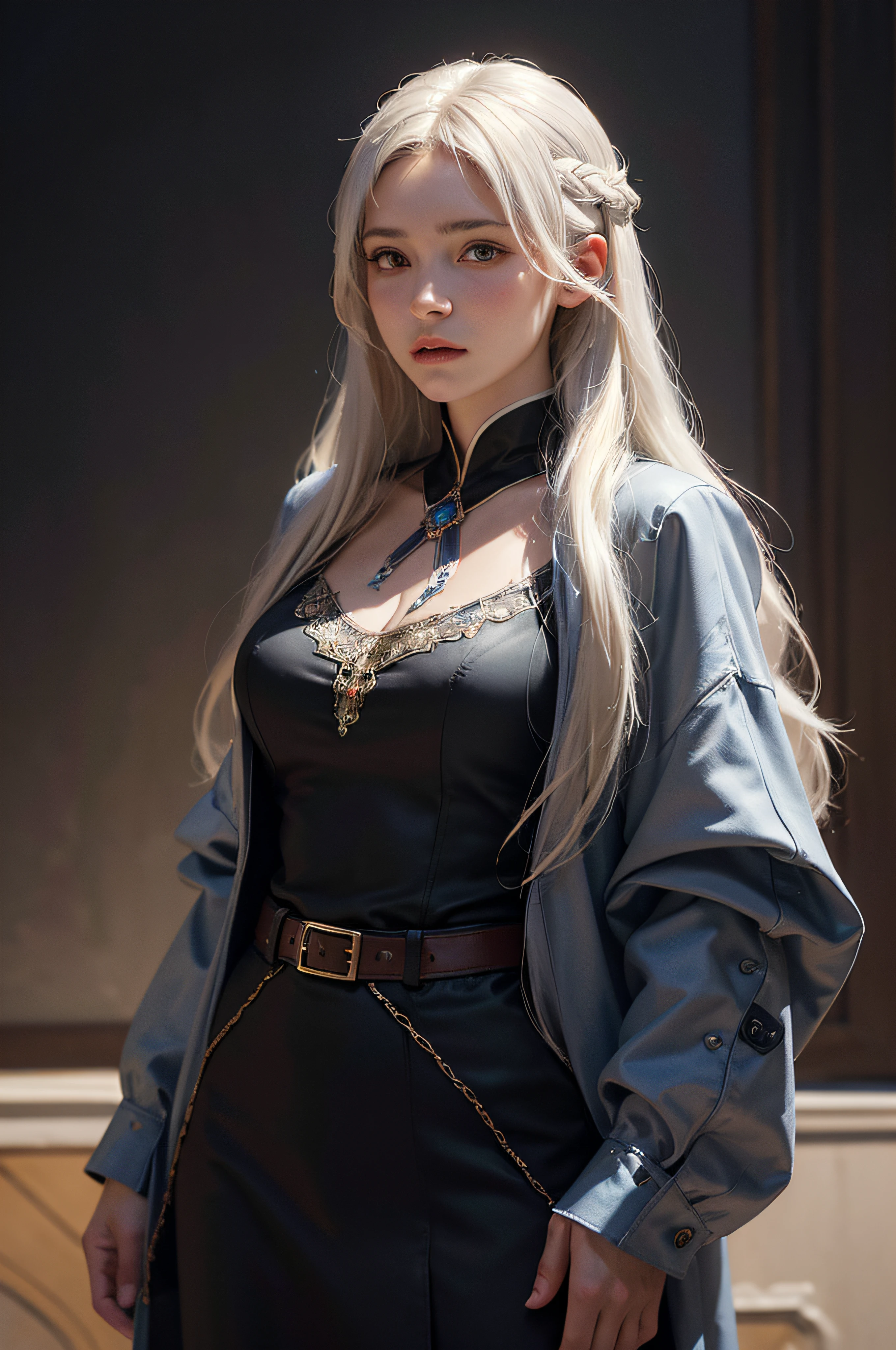 Hyperrealist portrait of female by david hockney and alphonse mucha,fantasy art, photo realistic, dynamic lighting, artstation, poster, volumetric lighting, very detailed faces, 4 k, award winning,, 1girl, in the dark, deep shadow, low key,cowboy shot,(official clothing:1.4) ,long hair,white hair,
