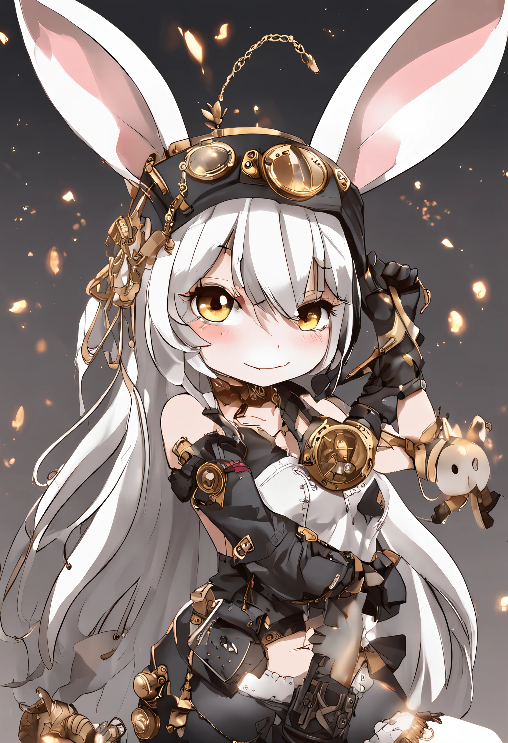 adorable rabbit，shinning armor，In steampunk style，Ram rabbit，2 small broken ears，wide blue eyes，Small black ears，A black eye，White Bunny Girl cosplay, Large round fluffy tail, Tattooed, Short hair with light brown wavy hair, Big sparkling red eyes, Abs, great proportion, A full-body shot, Kaleidoscope of background, 、anime big breast、, illustration, fanciful, Portrait、、, animification, A high resolution, HighestQuali, Extremely high image quality, the ultra-detailed, The ultra-realistice, photot-REALISTIC