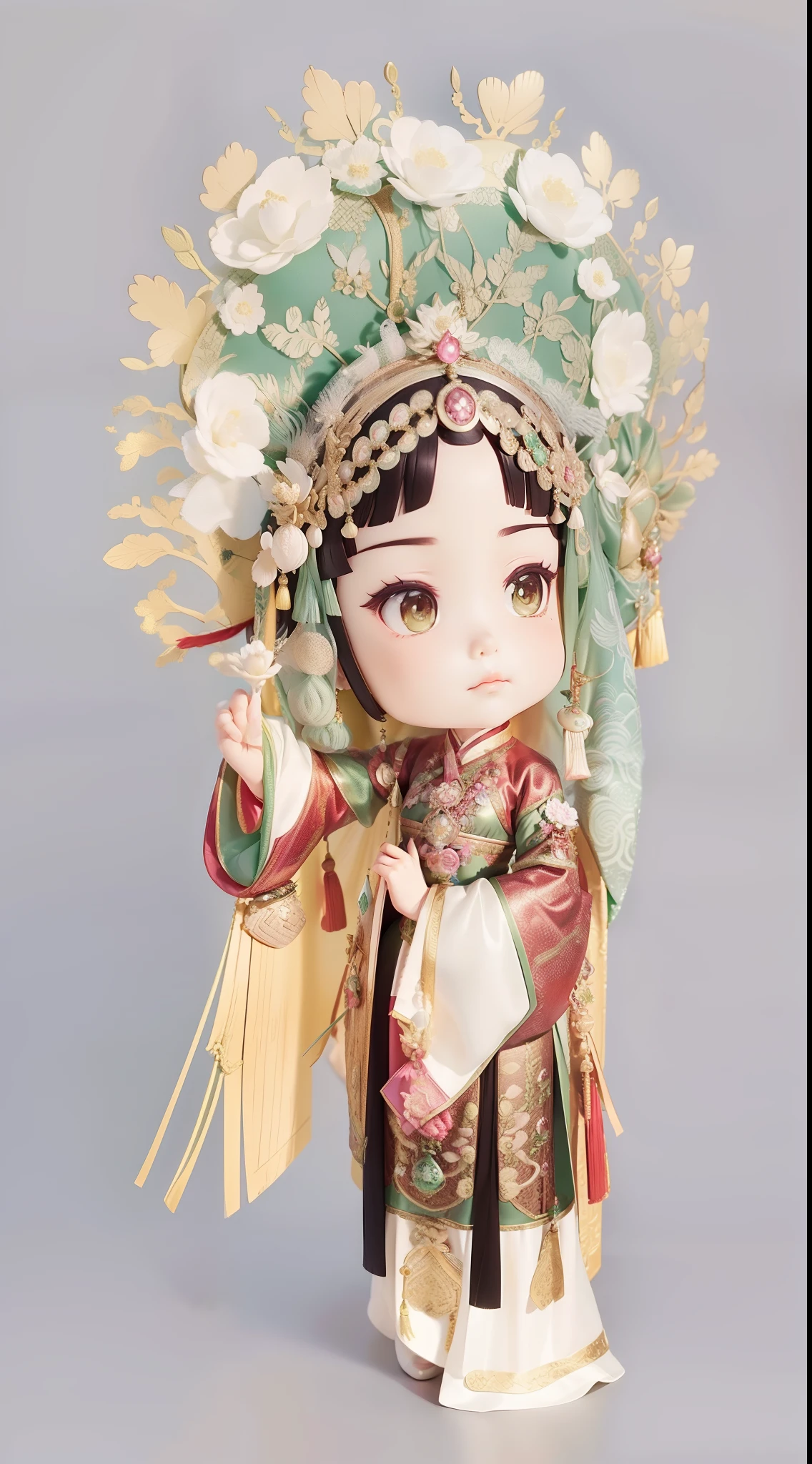 a drawing of a chibi woman in a green dress, palace ， a girl in hanfu, chinese costume, queen of the sea mu yanling, hanfu, chinese dress, chinese empress, peking opera, traditional chinese clothing, full body wuxia, gongbi, wearing a noblewoman's outfit, as an elegant noblewoman, with acient chinese clothes