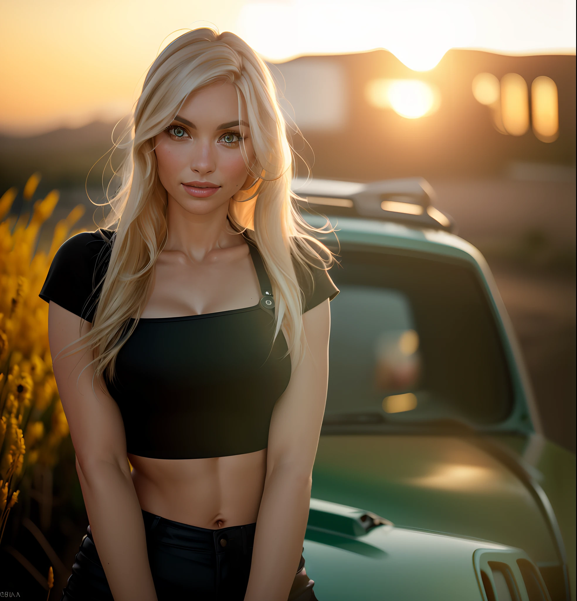 Arafed's beautiful wife standing in front of a jeep in a field, bonito e sorridente, Anna Nikonova aka Newmilky, loira bonita, Jeep no fundo, meninante, in the sunset, Foto do perfil, Modelo do Instagram, in the sunset, Foto do perfil 1024px, aleksandra waliszewska, Mia Kischner, Sidnei Sweeney, fotografiarrealista, fotografia, obra-prima, realista, Realismo, renderizado, Alto contraste, Arte Digital, fotográficorealista, trend in Artstation 8k HD, high definiton, circunstanciado, Realistic, detalhada, textura da pele, hiperdetalhada, Textura realista da pele, melhor qualidade, ultra high-resolution, (fotografiarrealista: 1.4), alta resolução, detalhada, fotografia crua, sharp resolution, Nikon D850 filmes, fotografia de stock 4, Kodak Portra 400 Camera F1 Lens.6, textura hiper realista, lighting dramatic, Unrealistic trend in Artstation Cinestill 800, .RAW. Directed by: Lee Jeffries.
