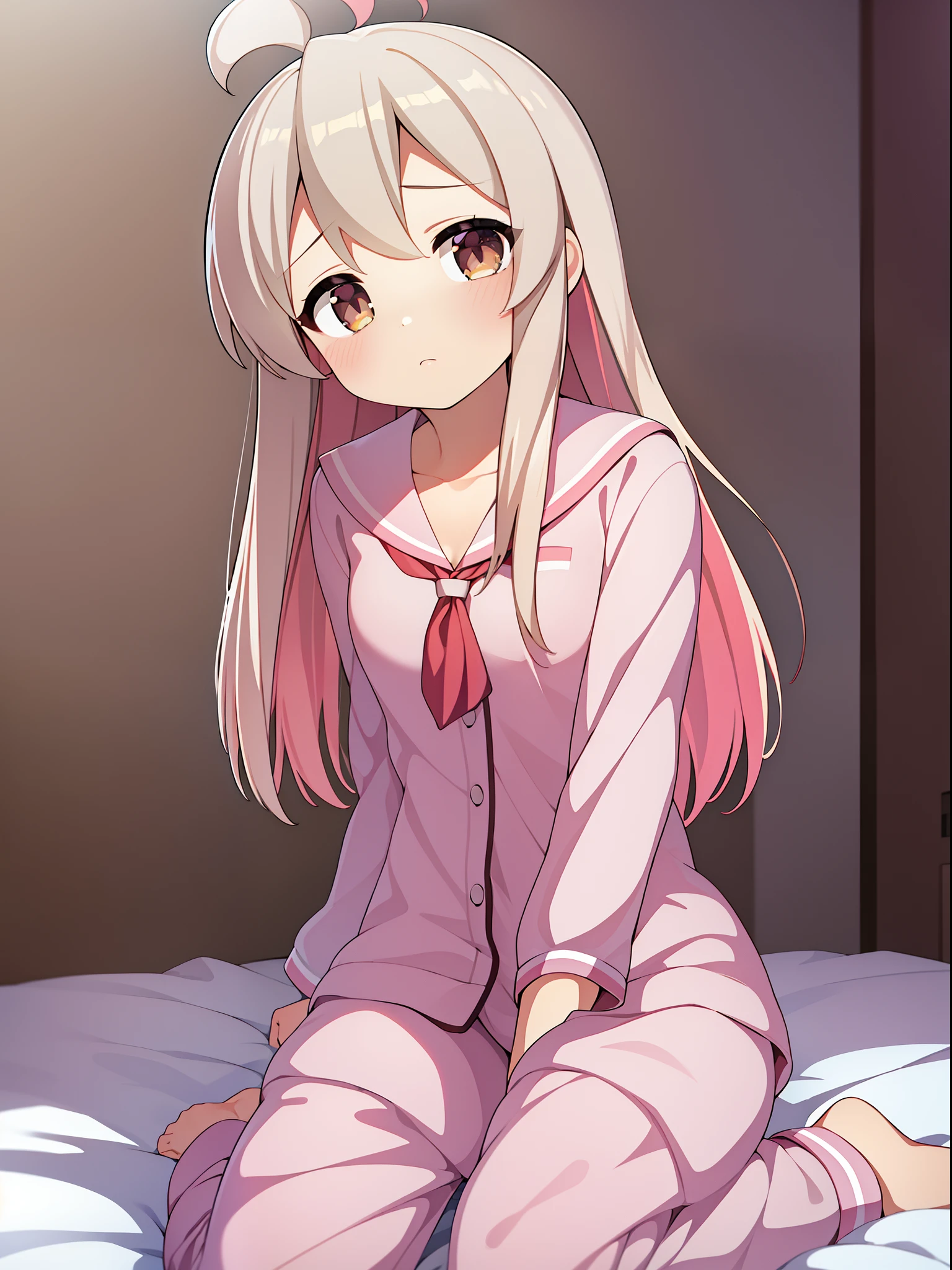 Masterpiece,Best quality,offcial art,Extremely detailed Cg Unity 8K wallpaper, Masterpiece, Best quality, Pink pajamas, incredibly_absurderes, ****, Girl, Breasts, sailor suite,oyamamahiro,Bedroom,Pink hair,Pink ears,on the bed,ahoge,brown eyes