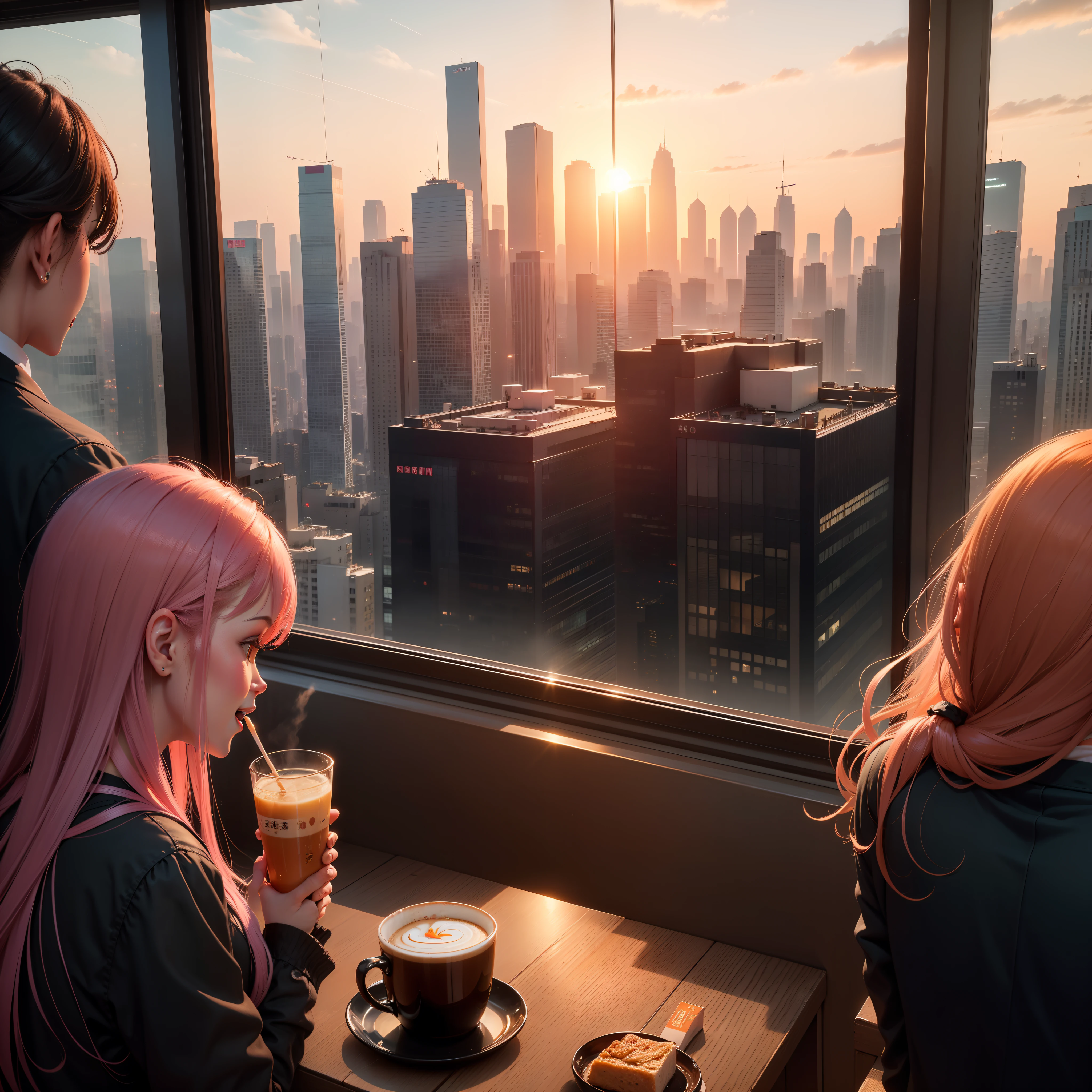 at the sunset, 城市, Skyscrapers, a person々Flow of, Building windows, Warm light, Walkway, a person々, cafe terrace, Friends, Laughing, Skysky, an orange, pink there, tints, Urban hustle and bustle, Beautiful sunset, harmony