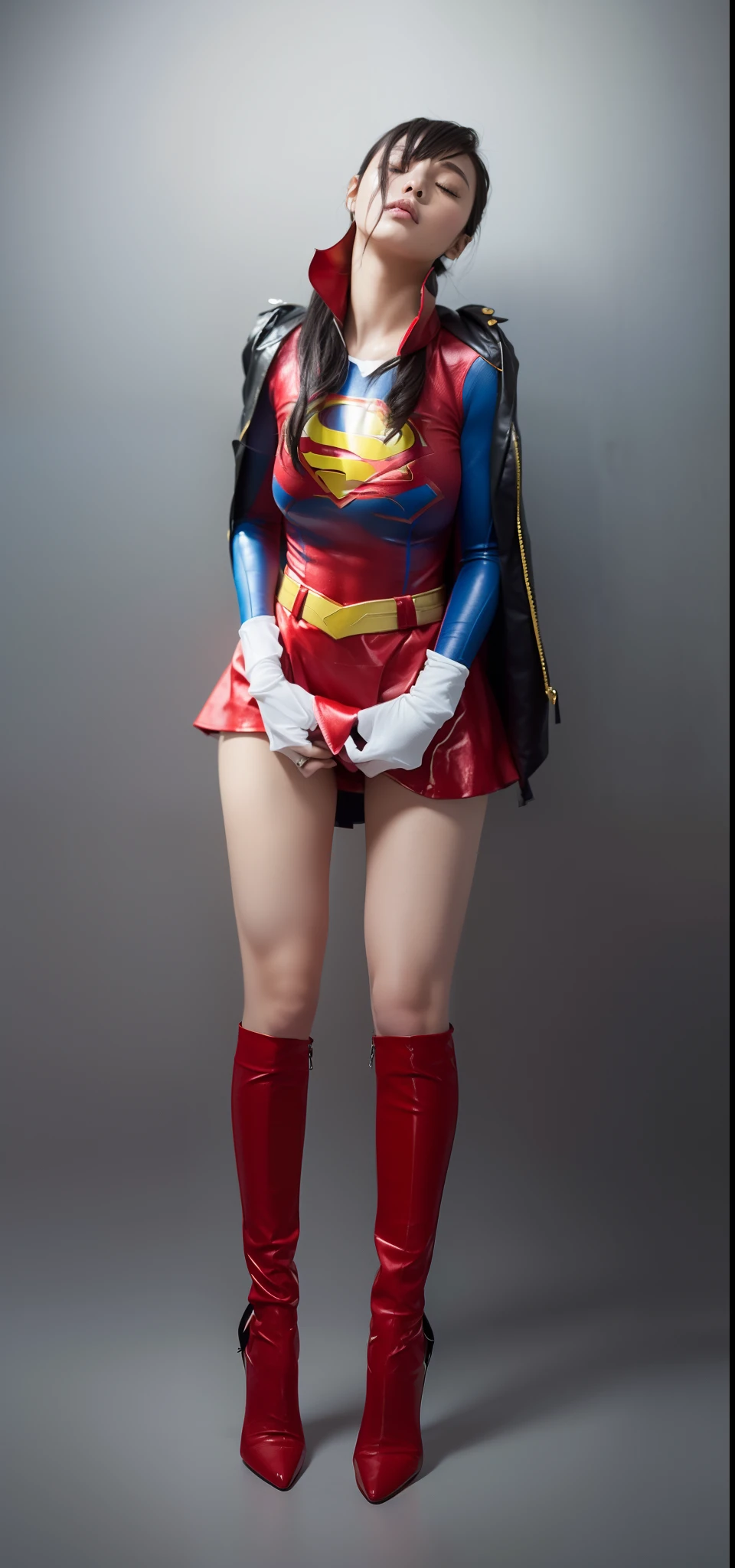 (((Make the most of the original image)))、(((Supergirl Costume)))、(((Hung)))、(((and draw the full body)))、(((Hang with weakness)))、(((Eyes closed)))、(((a short bob、lustrous dark hair)))、(((Suffering)))、(((The cloak is red)))、(((Wearing stockings)))、(((Costumes are torn to shreds)))、((Top image quality、8K))、((top-quality、8K、​masterpiece:1.3))、Crisp focus:1.2、Beautiful woman with perfect body shape:1.4、Slender Abs:1.2、((layers-Cut))、a wet body:1.5、Highly detailed facial and skin texture、