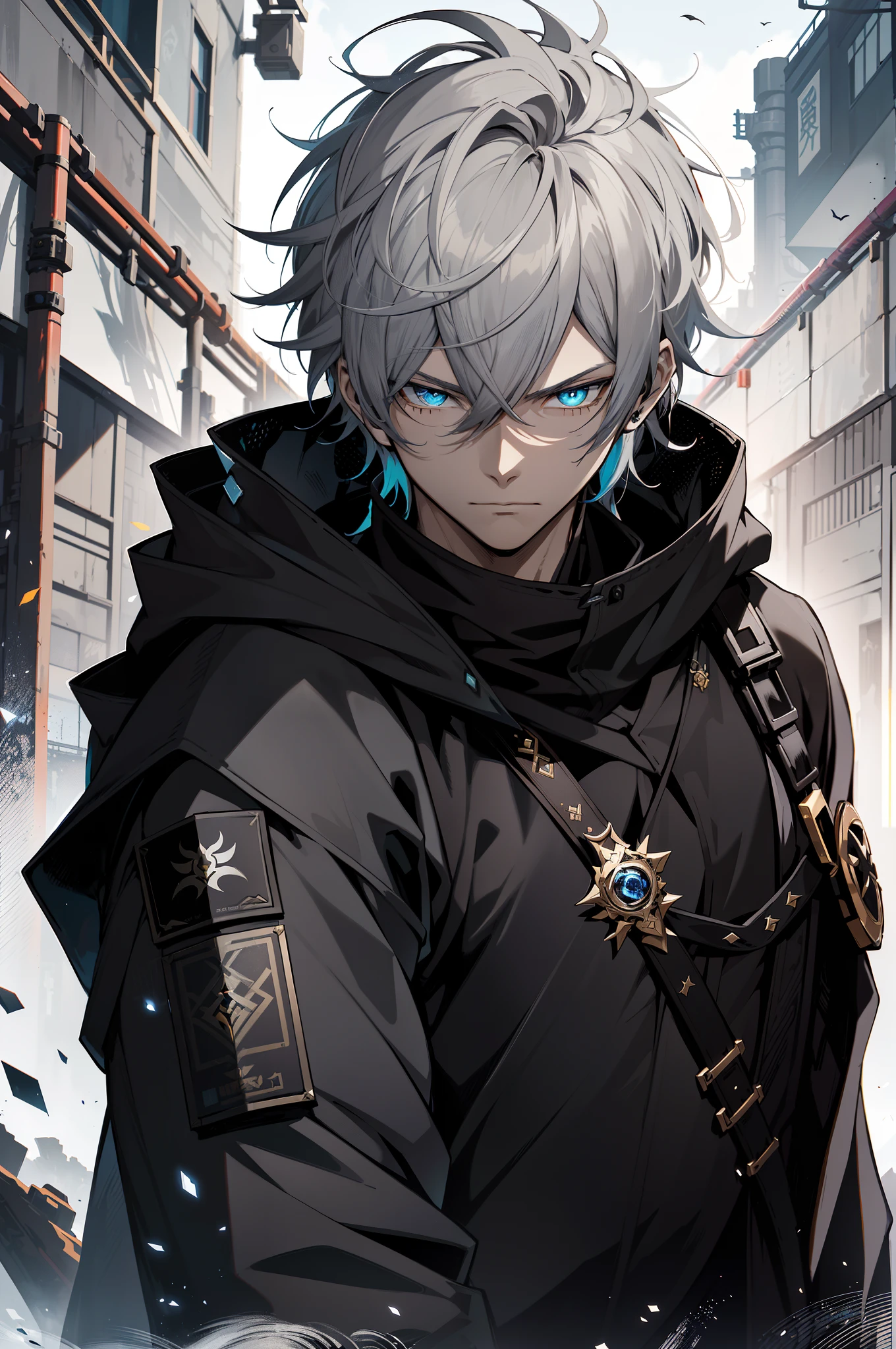 Cyberpunk male，fansty world，background inside dark，Clean design，Epic Instagram，art  stations，Colorful paint splashes，contours，Hyper-detailed intricate details，unreal-engine，fanciful，Complicated details，splash image，complementary colours，fantasy concept art，8K分辨率，A masterpiece of deviantart，oil painted，Heavy strokes，paint drips，（Isolate on a white background：1.3），Rainbow skins，(((A handsome young))), ((Teenage:1.5)), (glow blue eyes), ((Eyes have light))，((((Short gray hair:1.1))), ((black-clad)), (prinz\\(Indifferent expression\\),, (((Wearing a luxurious black robe with high details))), A head of white hair，Frost magic，((chest muscle) ，Anime characters armed with swords and blue light, Keqing from Genshin Impact, Detailed key anime art, handsome guy in demon killer art, Genshin impact's character, Detailed digital anime art, Genshin, Key anime art, detailed anime character art, Badass anime 8 K, nagito komaeda, Anime epic artwork, Anime fantasy illustration --v 6