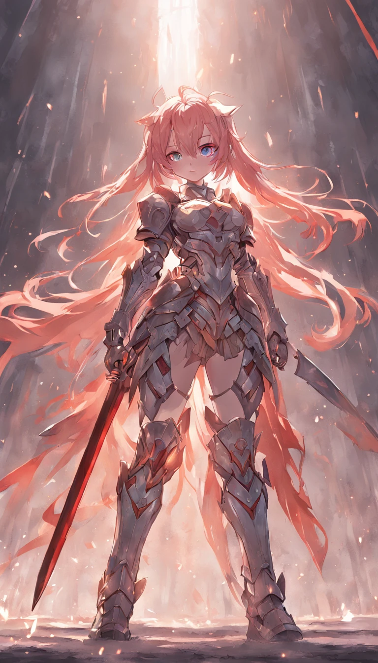 Game Standing Drawing,Plate Armor Heavy Fighter,Stand with a sword,femele,The ponytail is fluttering and messy,Heroic,Full body like,The face is clear and precise,facial detailing,super-fine,16K resolution,high quarity,电影灯光,high image details,dynamic viewing angle,Detailed pubic hair,epic shooting,OC rendering