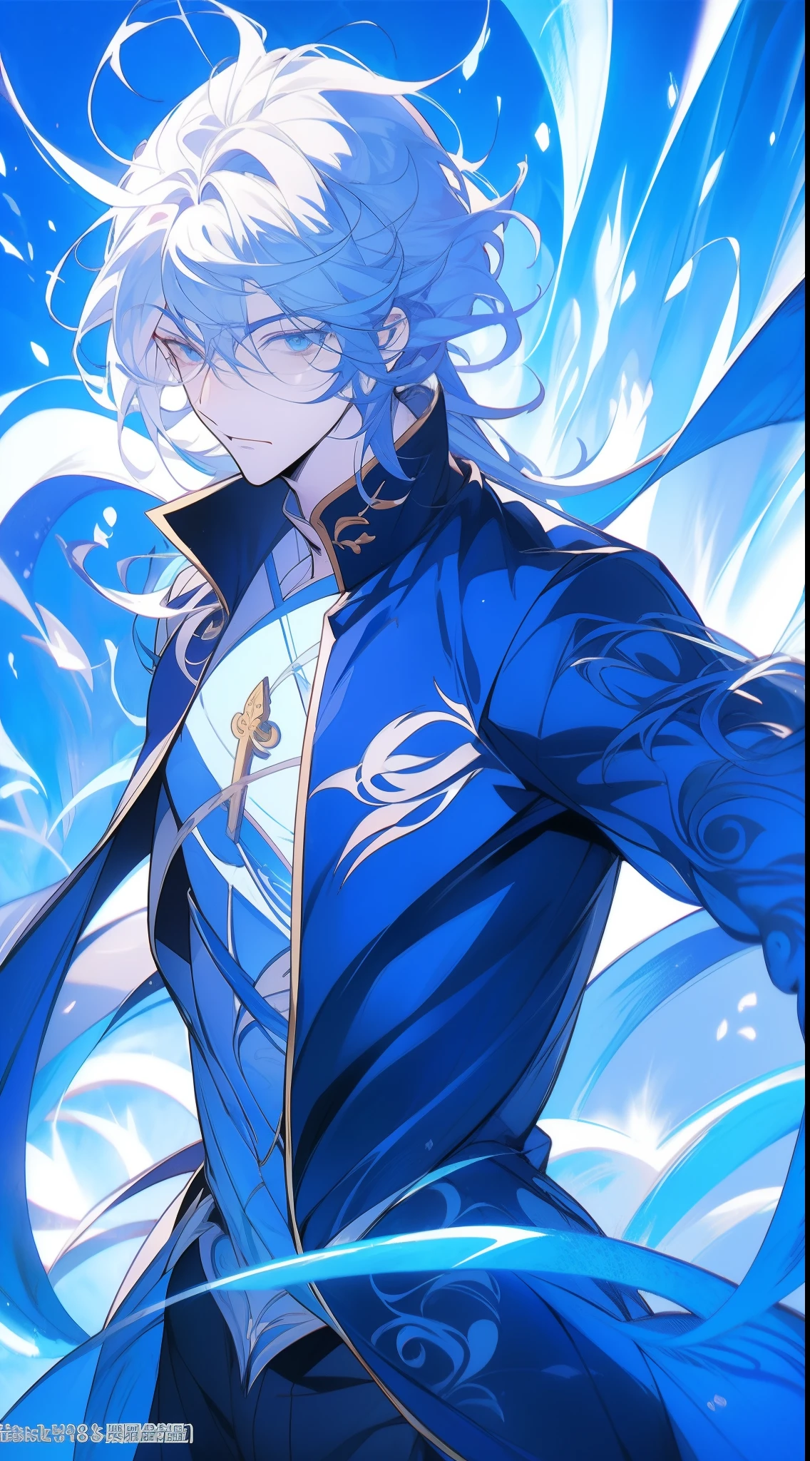 Close-up of a man,with a determined look in his eyes,Handsome figure painting,It has a masculine taste,Man Guwitz,Guviz-style artwork,White-haired god,Yang J,Guvitz at the Pixiv Art Station。Anime characters armed with swords and blue light, Keqing from Genshin Impact, Detailed key anime art, handsome guy in demon killer art, Genshin impact's character, Detailed digital anime art, Genshin, Key anime art, detailed anime character art, Badass anime 8 K, nagito komaeda, Anime epic artwork, Anime fantasy illustration