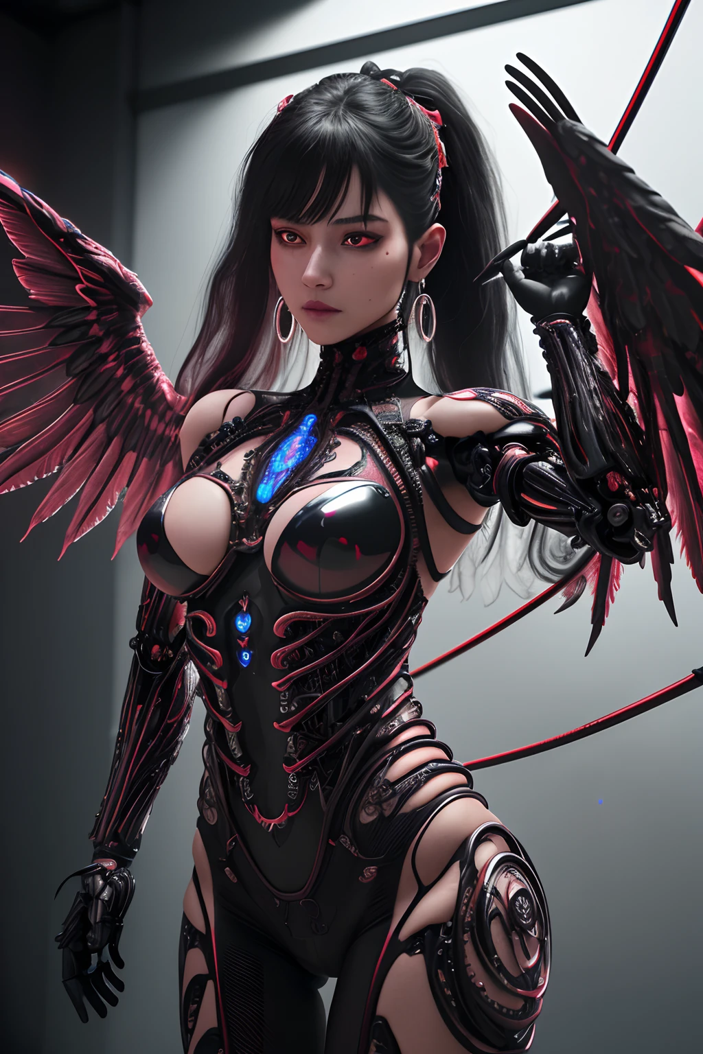 Complex 3d Rendering Ultra Details Beautiful Death Angel, Biomechanical Cyborg, Analog 150mm Lens, Beautiful Natural Soft Rim Light, Neon Vain, Roots, Fine Leaf Lace, Colorful Details, Boris Bidjan Saberi Costume, Pearl Earrings, Art Nouveau Fashion Embroidery, Intricate Details, Mesh Wire, Mandelbrot Fractal, Facial Expression Muscles, Cable Wire, Microchip, Badass, Hyperrealistic, Ultra High Definition, Octane Rendering, Volumetric Lighting, 8K Post-Production, Red and White with a Little Black, Elaborate Metallic Bones, Semi-Human, Iridescent, Glenn Brown Style Futuristic Room, Power of God, High Angle Shot , complex body poses