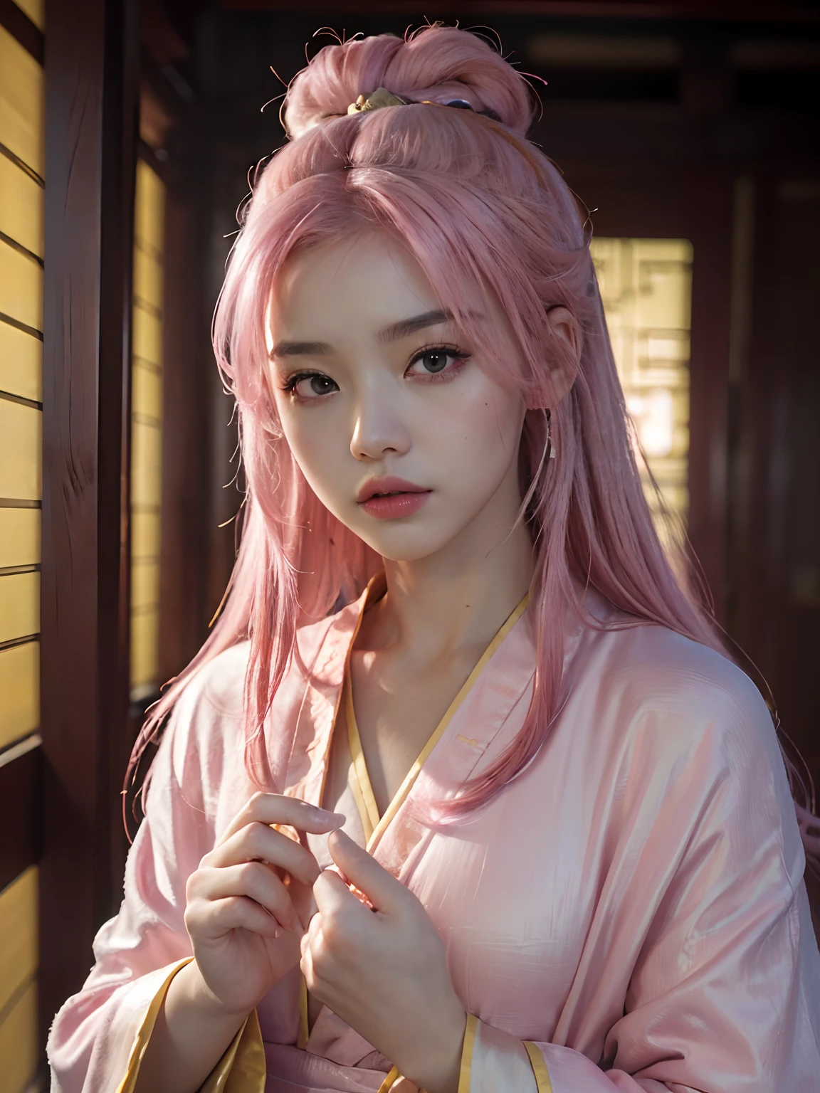 ((masterpiece), (best quality), ultra high res, (raw photo:1.2), (photorealistic:1.4), Exceptional detail, dramatic lighting, highres, 8k, absurdres, solo,
CNGirl_2, 1girl, ((pink hair)), close up, daoist_robe, yellow daoist robe, Chinese Temple, fantasy, incense, long hair, looking at viewer,