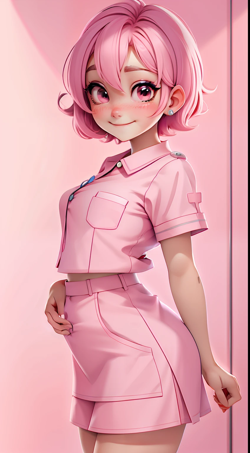 charact. full bodyesbian, Girl, taken, Smiles and refined eyes, full bodyesbian,simple backgound, best qualityer,Briton,pink short hair,nurses,Pink nurse's uniform