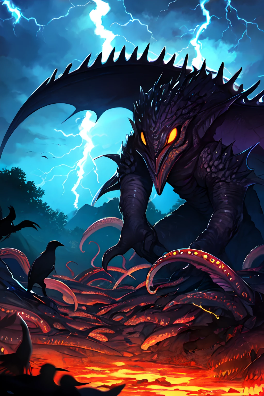 Cthulhu,Monster,Fish,tentaculata,Dark forest,Recife,Small rivers,(Flocks of crows:1.25),(Thick black smoke:.125),(Lightning:1.25)