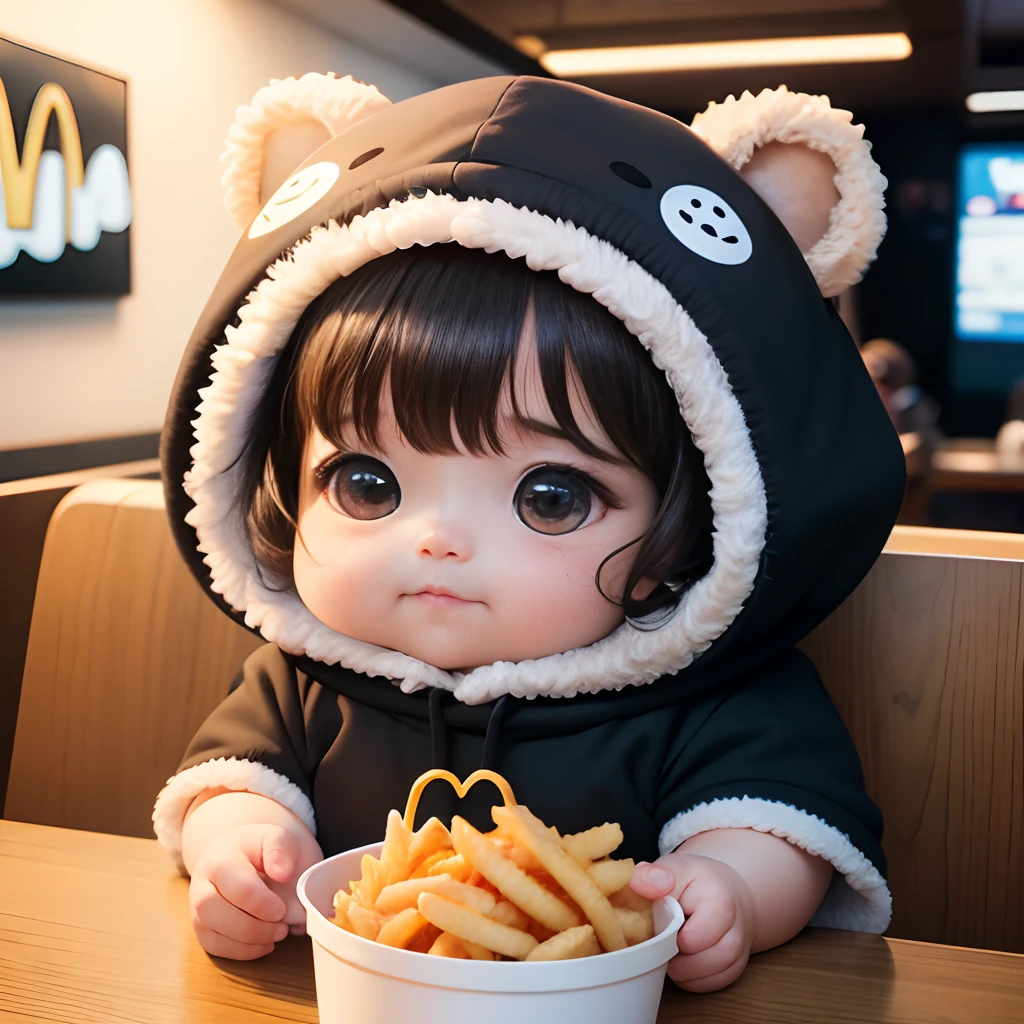 4K HD quality，exaggerating scene details，A cute chubby little baby，Double bun and bangs，largeeyes，Wear a alpaca hood，Very happy，at mcdonalds
