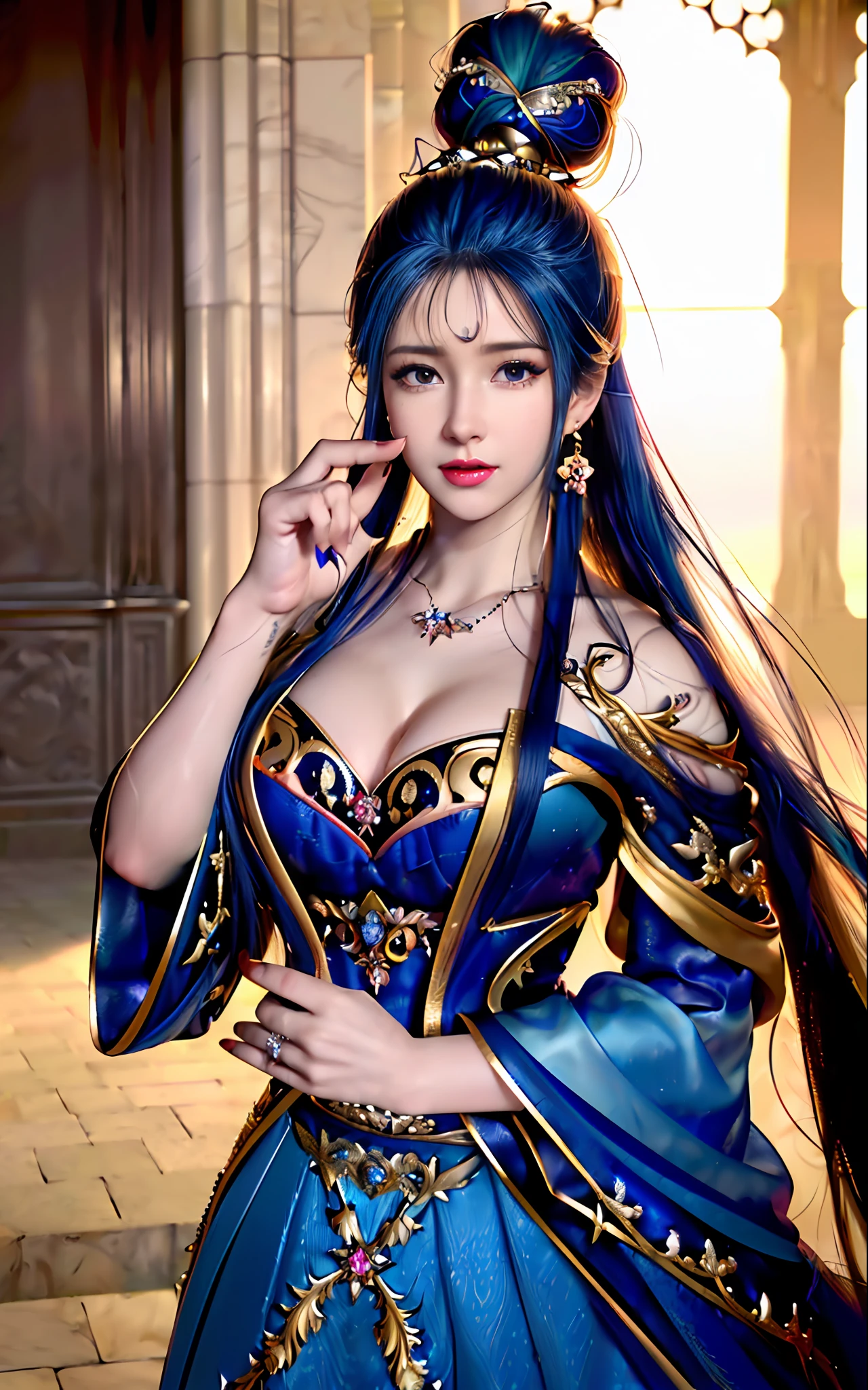 ((realisticity: 1.2)), ((realistic: 8K UHD)), ((best resolution: 8K UHD)), hyper detailed, best quality,masterpiece,highres,cg, ((1 girl hyper detailed and hyper realistic) ) , ((beautiful queen, hyper realistic and hyper detailed)),((white skin, beautiful, smooth, youthful, hyper realistic and hyper detailed )), ((Face hyper beautiful, white, hyper realistic and hyper detailed ) ), long hair, ((hyper realistic and hyper detailed dress)), solo, ((hyper realistic, hyper beautiful, beautiful and hyper detailed jewelry)), ((hyper beautiful deep red and golden yellow dress, hyper realistic and hyper detailed )) , ((Her pretty, hyper realistic, hyper detailed diamond filled earrings)), ((Her gorgeous diamond haircut, hyper realistic and hyper detailed)), ((hyper pretty upper body, hyper beautiful, hyper realistic and hyper detailed) ), ((medium breast: 1.1)), ((hyper realistic, hyper pretty, hyper detailed boobs)), ((the backgroun of the royal palace is hyper majestic, hyper realistic and hyper detailed)),((hands and palms hyper beautiful, hyper detailed, hyper realistic)), ((hyper detailed and hyper realistic fingers and fingernails)), ((hyper pretty fingernails, hyper vivid, hyper detailed, hyper realistic)), ((thumb, index finger, middle finger, ring finger, little finger hyper vivid, hyper pretty, hyper detailed, hyper realistic)),
((hyper beautiful fingers, hyper detailed, and hyper realistic)), ((posture not too fat and not too thin, hyper realistic, hyper detail)), ((hyper pretty, hyper pretty, hyper realistic and hyper detailed hair bun)), ((hyper pretty , hyper realistic and hyper detailed blue hair)), candid, Photo, high resolution, 8k , bokeh,