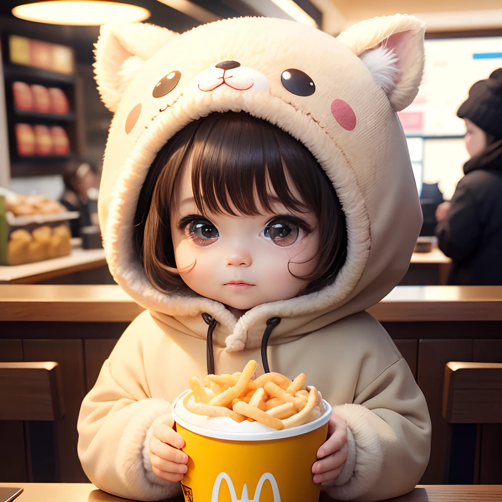 4K HD quality，exaggerating scene details，A cute chubby little baby，Double bun and bangs，largeeyes，Wear a rabbit hood，Very happy，at mcdonalds