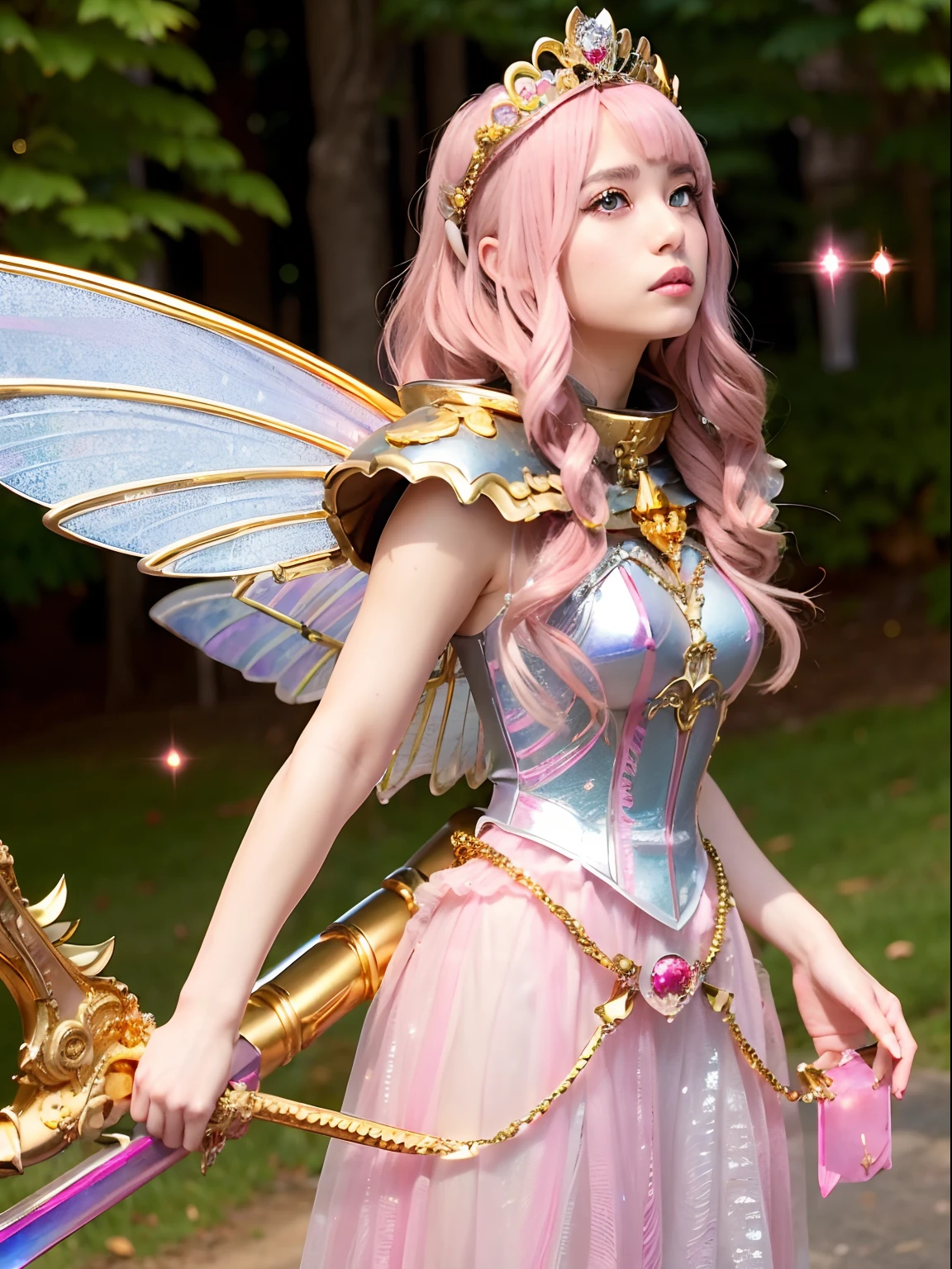 (masutepiece), Professional , masterpiece、top-quality、photos realistic , depth of fields (Gemstone Silver Metal Body:1.9),(Matte Pink、Jewel Gold Weapon、(Gorgeous castle background)、(ultimate beauty girl)、(Iridescent fairy wings grow on the back)、(Jewel Metal Body:1.9),Gorgeous Jewel Metal Weapons , Detailed Sword of the Brave ,( a blond) ,warhammer 40k , adepta sororitas,Detail and ornate jewel crown、独奏、Brown hair、(Gangle's forest background)、Beautiful Caucasian beauty、1a person、dynamic ungle,(((Diamond tiara with detail and luxury)))、a small face、Powerful poses、(Gorgeous castle background)、huge filesize、20 year old beautiful woman、Stand in the center of the screen、Thin female fingers、Straight long hair、Beautiful Caucasian beauty、()、Hair fluttering in the wind、face forwards、Look at viewers、