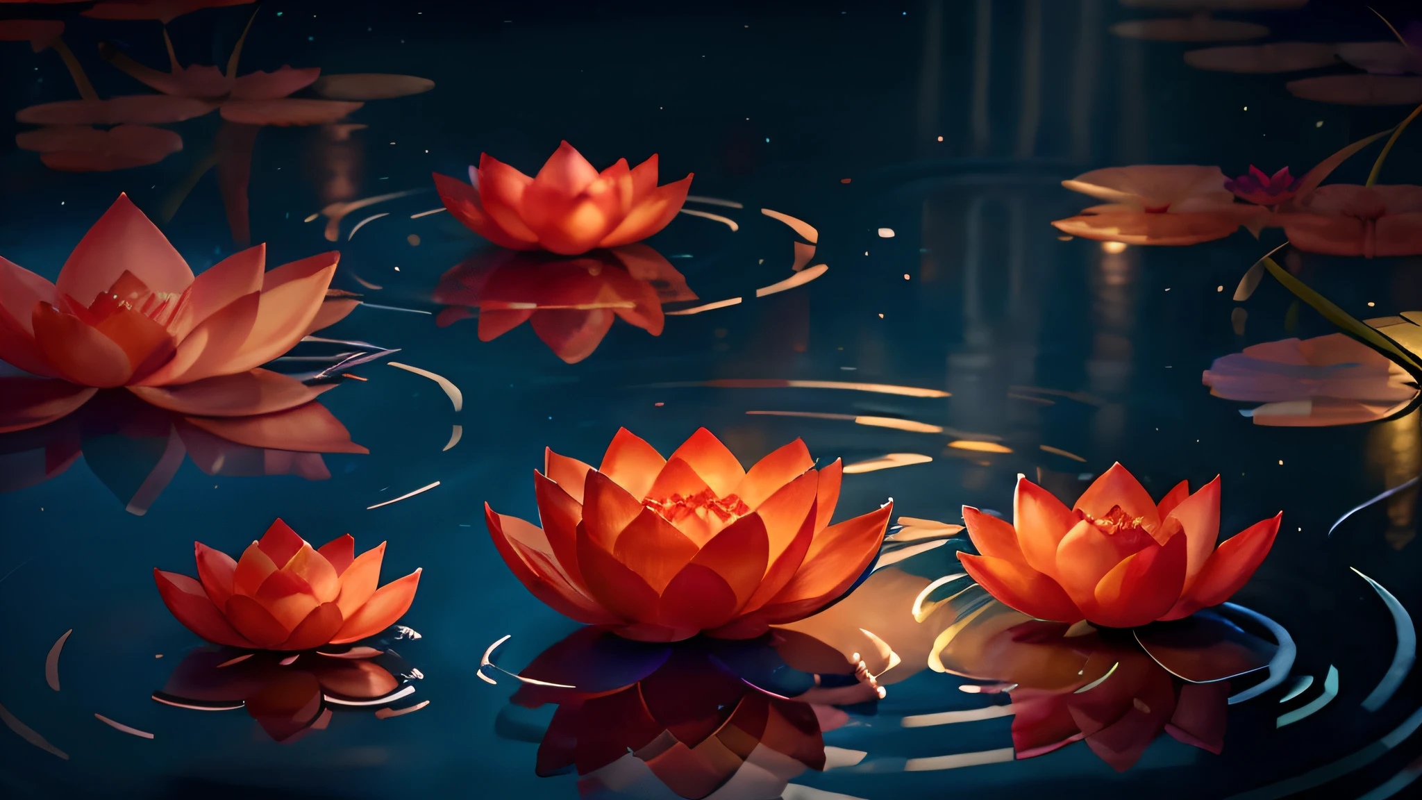 A few red and blue flowers floating in the pond at night, floating chinese lampoons, lotus flowers on the water, Floating lanterns, Glowing water with caustics, glowing water, Floating lights, floating in a powerful zen state, floating lampoons, Glowing flowers, floating candles, water lilies, lights with bloom, Floating embers, lotuses, glowing reflections