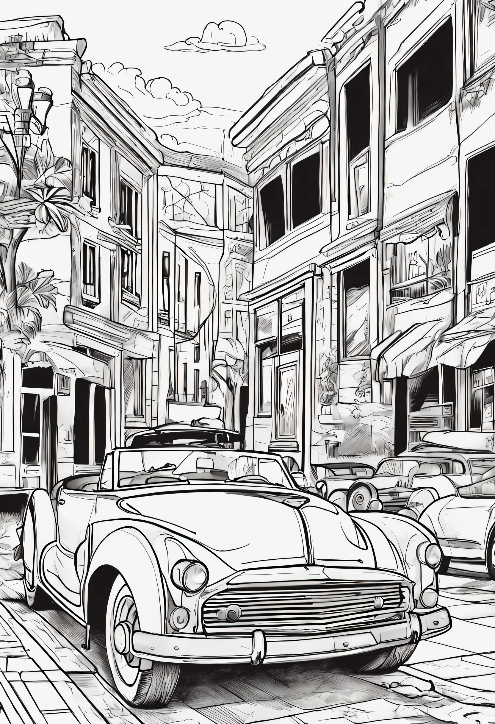 Use the image above to create an illustration of vintage black and white cars with straight lines and a look similar to a children's coloring book page. Make sure there is no noise and that the lines are thick and sharp like contour art. Change the aspect ratio to 2:3 e foco em um quadro vertical da imagem