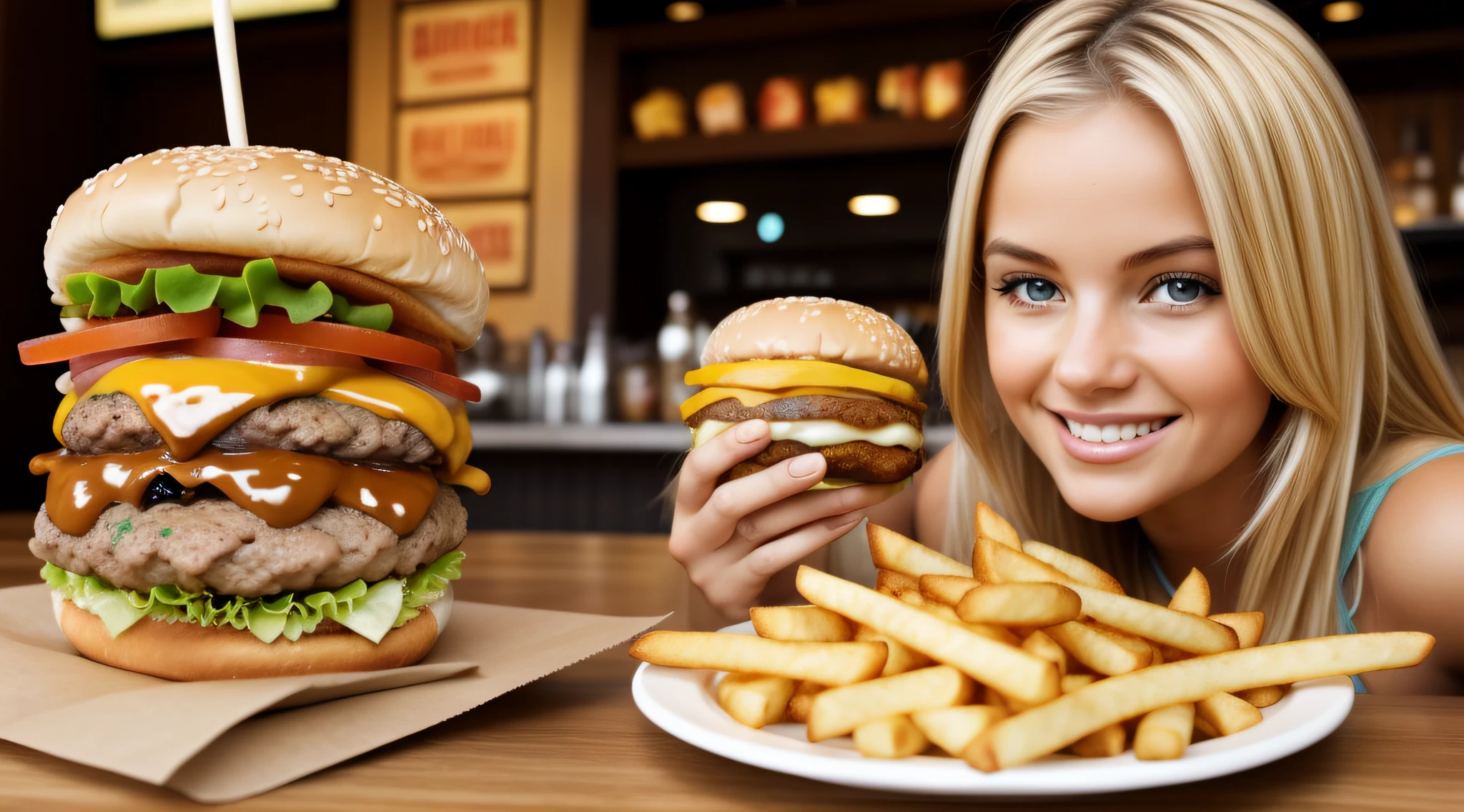 Blonde girl with burger and fries,