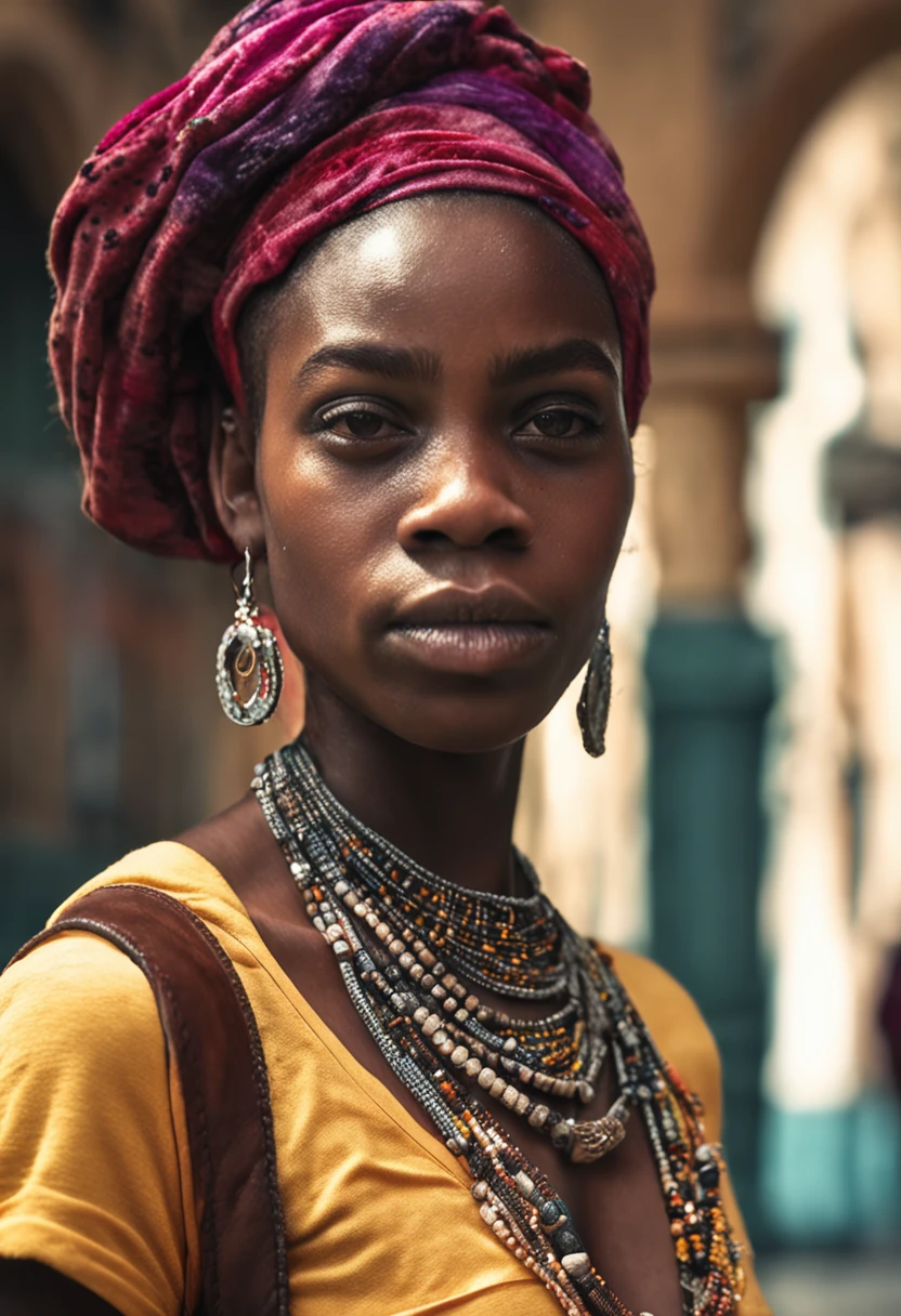 (photorealistic) A beautiful African girl with striking features and a confident gaze, dressed in colorful traditional attire, standing in the vibrant streets of a Beninese city. The medium is a hyper-realistic oil painting, capturing every detail of her flawless skin and intricate hair braids. The scene is bathed in warm sunlight, creating a pleasant golden hue. Surrounding her are bustling market stalls selling exotic fruits and vibrant fabrics, adding a vivid backdrop to the composition. The painting is of the highest quality, with ultra-detailed brushwork showcasing the richness of the textures and materials. The overall atmosphere exudes a sense of joy and liveliness, with the city coming alive through the artist's skillful use of perspective and lighting.