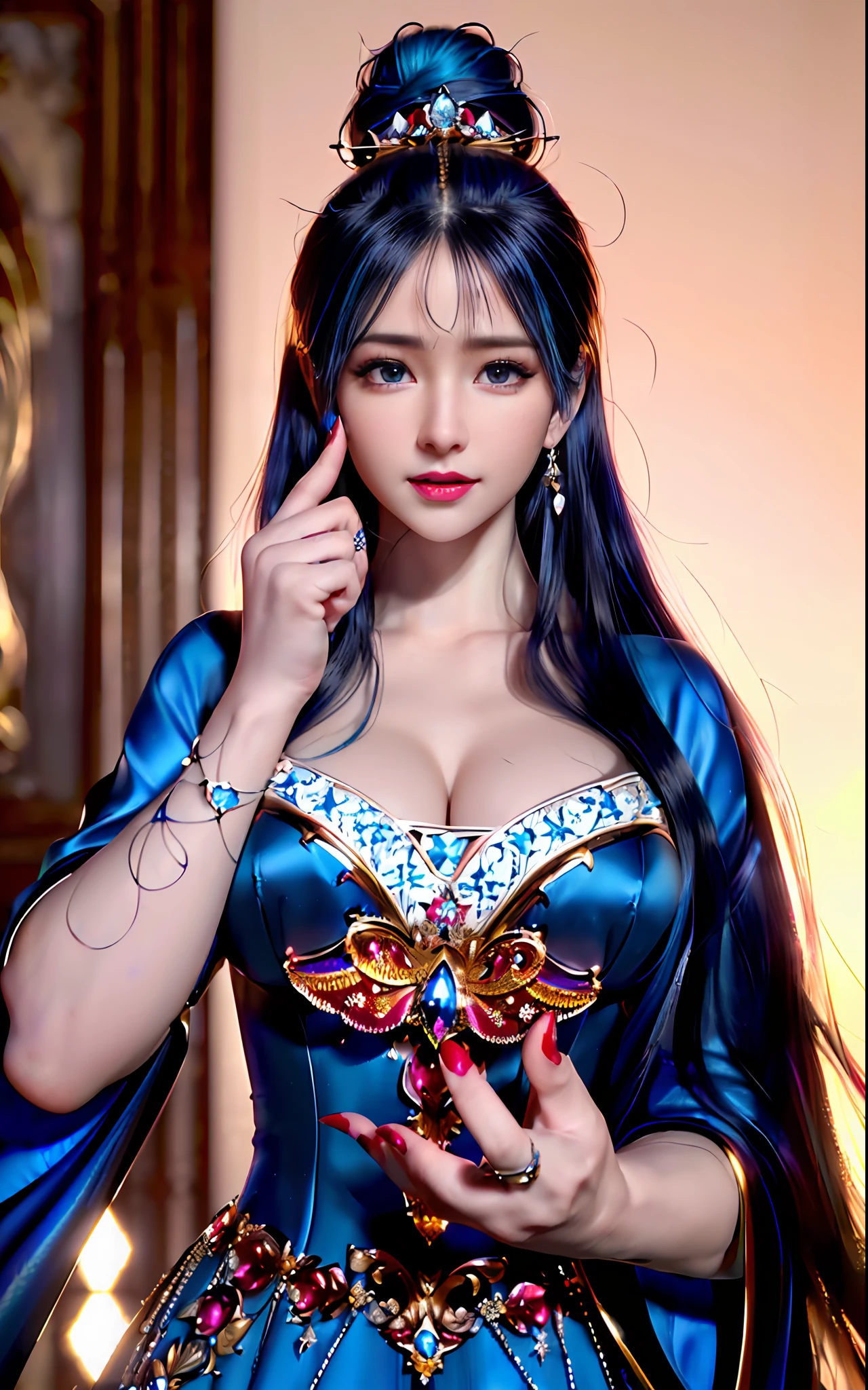 ((realisticity: 1.2)), ((realistic: 8K UHD)), ((best resolution: 8K UHD)), hyper detailed, best quality,masterpiece,highres,cg, ((1 girl hyper detailed and hyper realistic) ) , ((beautiful queen, hyper realistic and hyper detailed)),((white skin, beautiful, smooth, youthful, hyper realistic and hyper detailed )), ((Face hyper beautiful, white, hyper realistic and hyper detailed ) ), long hair, ((hyper realistic and hyper detailed dress)), solo, ((hyper realistic, hyper beautiful, beautiful and hyper detailed jewelry)), ((hyper beautiful deep red and golden yellow dress, hyper realistic and hyper detailed )) , ((Her pretty, hyper realistic, hyper detailed diamond filled earrings)), ((Her gorgeous diamond haircut, hyper realistic and hyper detailed)), ((hyper pretty upper body, hyper beautiful, hyper realistic and hyper detailed) ), ((medium breast: 1.1)), ((hyper realistic, hyper pretty, hyper detailed boobs)), ((the backgroun of the royal palace is hyper majestic, hyper realistic and hyper detailed)),((hands and palms hyper beautiful, hyper detailed, hyper realistic)), ((hyper detailed and hyper realistic fingers and fingernails)), ((hyper pretty fingernails, hyper vivid, hyper detailed, hyper realistic)), ((thumb, index finger, middle finger, ring finger, little finger hyper vivid, hyper pretty, hyper detailed, hyper realistic)),  
((hyper beautiful fingers, hyper detailed, and hyper realistic)), ((posture not too fat and not too thin, hyper realistic, hyper detail)), ((hyper pretty, hyper pretty, hyper realistic and hyper detailed hair bun)), ((hyper pretty , hyper realistic and hyper detailed blue hair)), candid, Photo, high resolution, 8k , bokeh,