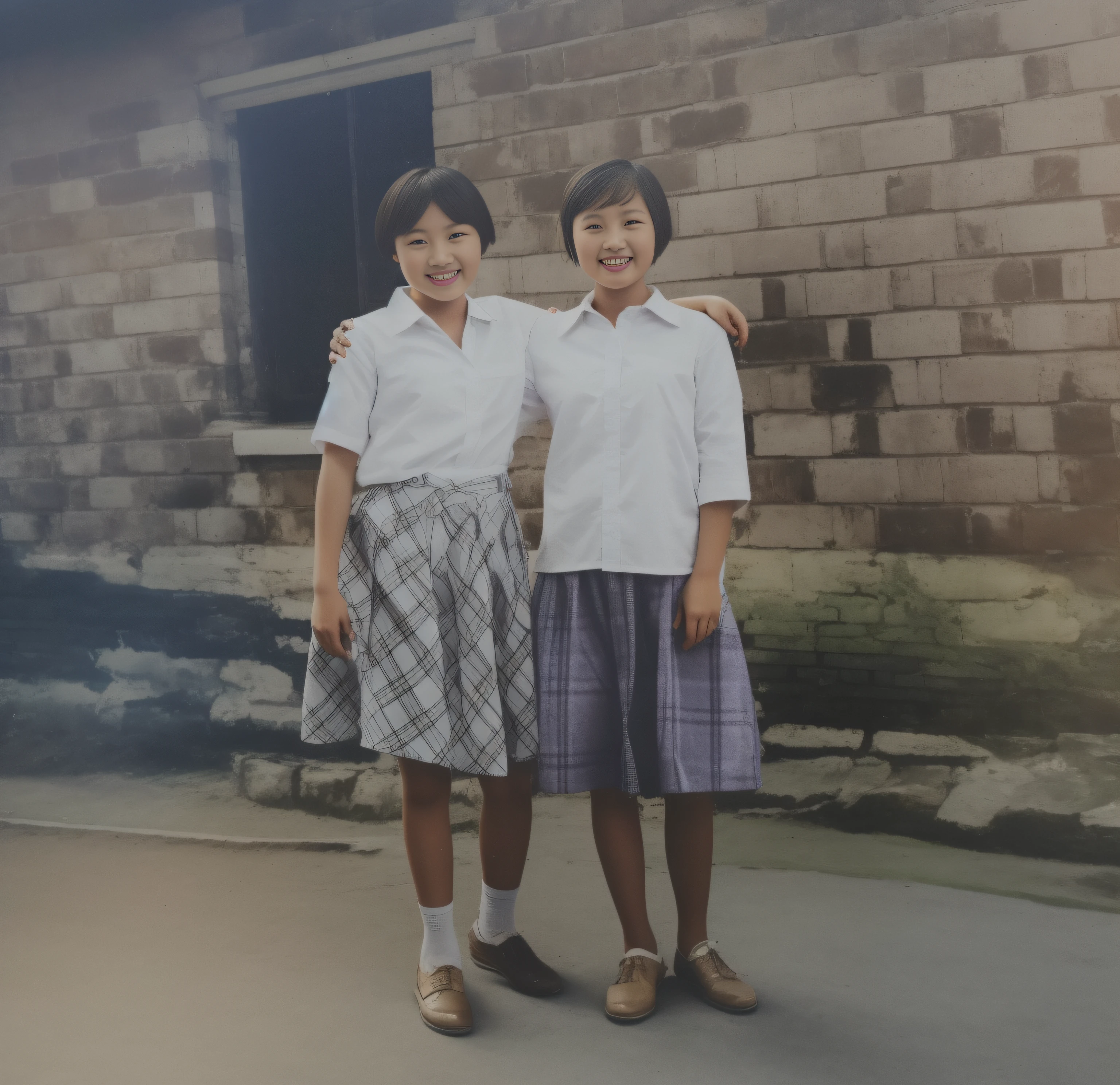 Group photo of two Chinese girls with short hair，With a smile，Hold each other's shoulders，Wear a white Western-style shirt on the upper body，Wear a plaid skirt on the bottom，Old red brick houses in the background，One of the girls was wearing white socks，Black shoes，Another girl was wearing sandals，The light is natural，photo high definition