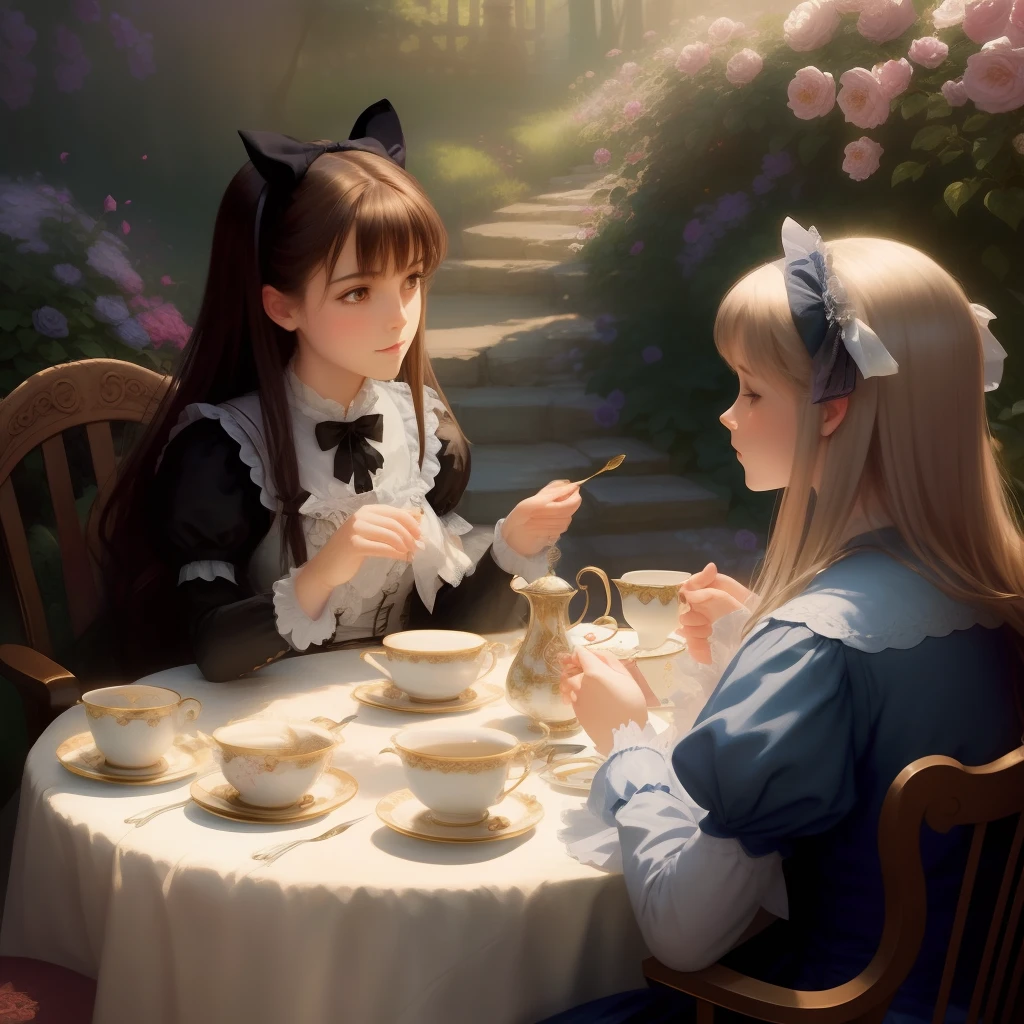 Black Alice at the Tea Party by Thomas Kinkade, Alice in Wonderland, 1 Women, delicate