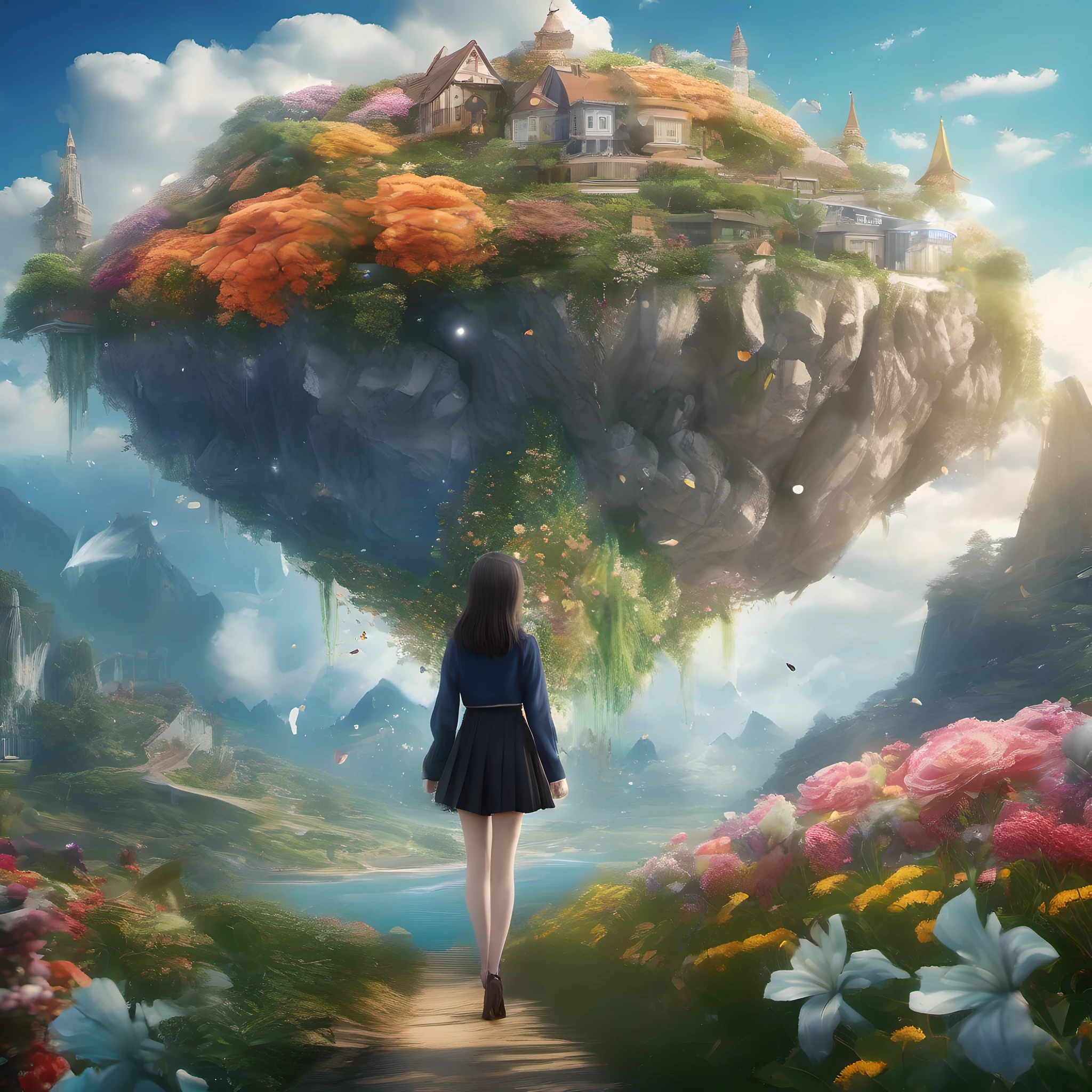 ccurate, best quality, masterpiece, UHD, high details, award winning, (Amazing:2.0), (Surrealism), Conceptual art, Verism, cinematic lighting, floating island in the sky, (((beautiful flower garden))), Horizon, blue sky, paradise scenery, flowers, wind flow, (((fantasy))), frontier, (magnificent space), blurry foreground, bokeh, Hasselblad, lens flare, beautiful school girl, (17 yr old), ((((full body)))), from behind, she moving, without looking at me, (((wearing school uniform))), black eyes, black hair, (floating hair), ((8 life size)), detailed hairstyles, detailed bodyline, anatomically correct, cute face, ((accurately portray her)),