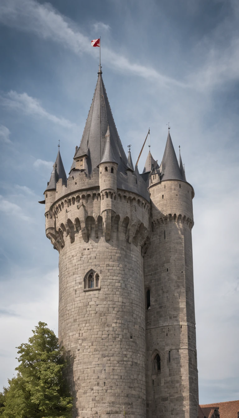 cinematic, photo, medium shot of a gorgeous medieval fantasy gothic belgian tower designed by Alan Lee, extremely tall, slender, imposing, grey granite, octagonal shapes, in a big medieval fantasy belgian city, other buildings around, exterior, elegant, elaborate architecture, masterpiece, sunny, Canon EF 24-70mm f/2.8L II USM lens on a Canon EOS 5D Mark IV camera, fantasy, historical, epic