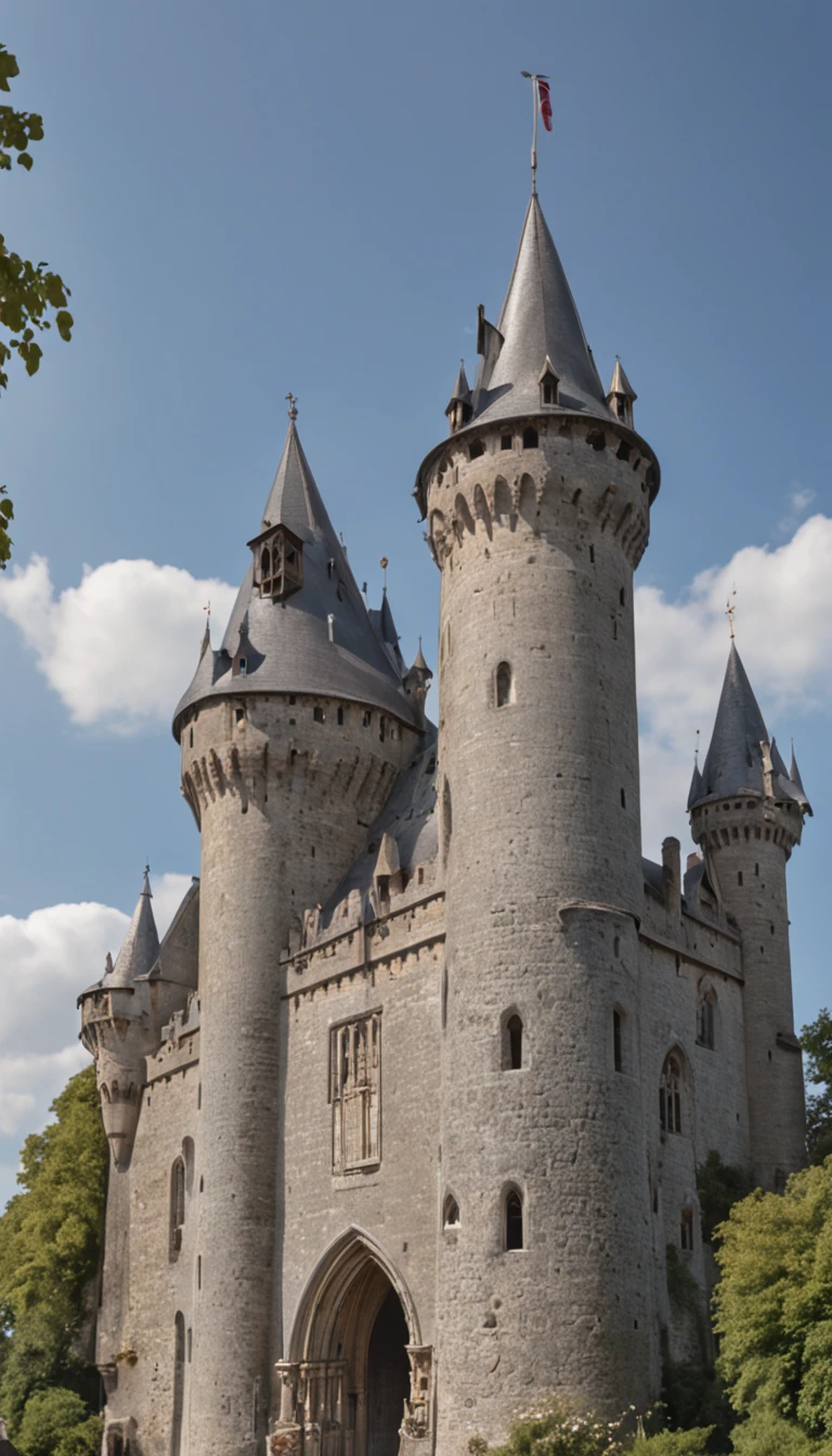cinematic, photo, medium shot of a gorgeous medieval fantasy gothic belgian tower designed by Alan Lee, extremely tall, slender, imposing, grey granite, octagonal shapes, in a big medieval fantasy belgian city, other buildings around, exterior, elegant, elaborate architecture, masterpiece, sunny, Canon EF 24-70mm f/2.8L II USM lens on a Canon EOS 5D Mark IV camera, fantasy, historical, epic