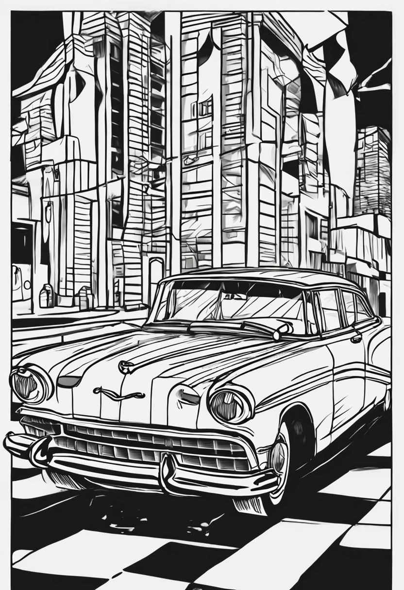 Use the image above to create an illustration of vintage black and white cars with straight lines and a look similar to a children's coloring book page. Make sure there is no noise and that the lines are thick and sharp like contour art. Change the aspect ratio to 2:3 e foco em um quadro vertical da imagem